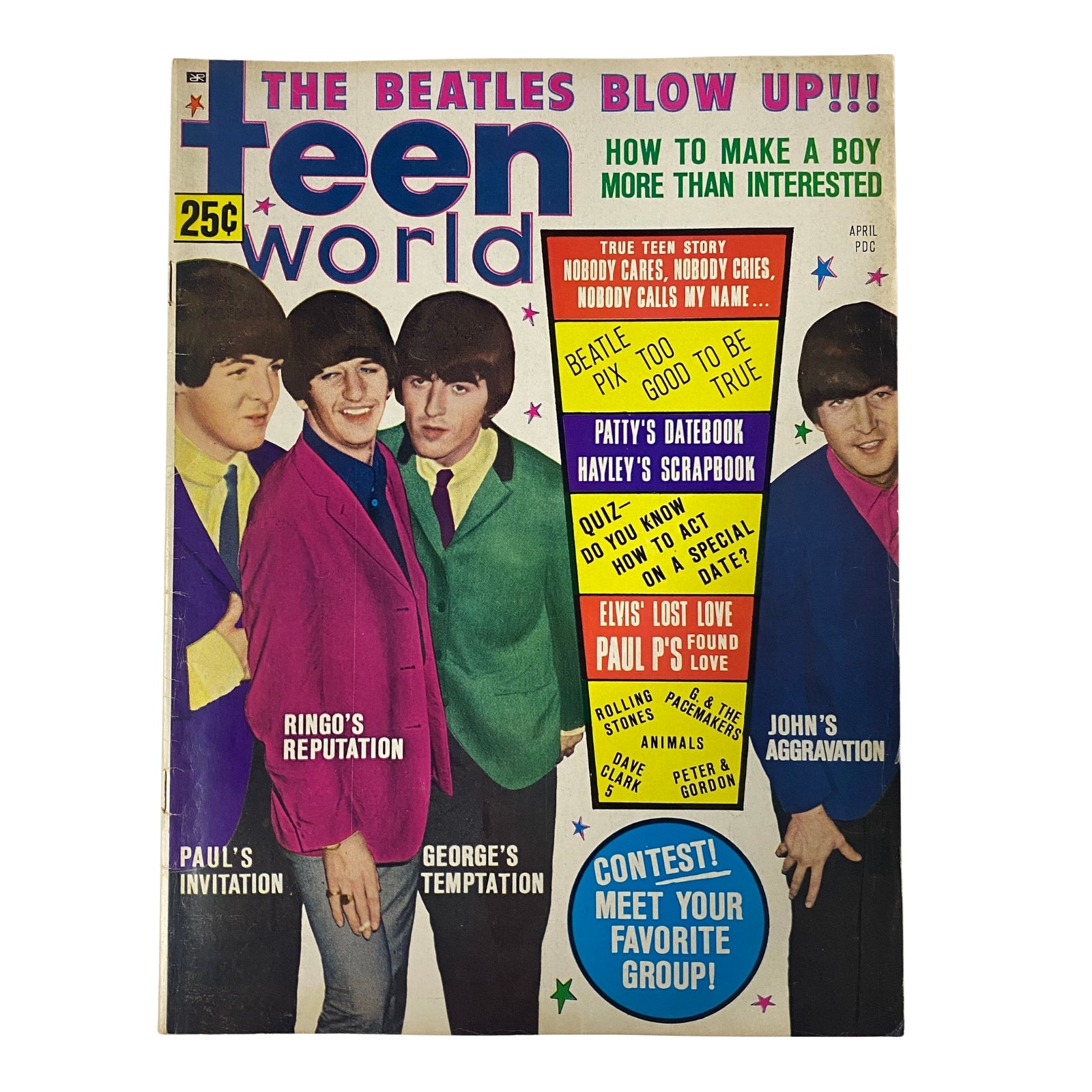 Teen World Magazine April 1965 Vol 8 No 1 featuring The Beatles on the cover, highlighting articles like 'The Beatles Blow Up!', 'Paul's Invitation!', and 'John's Aggravation!', showcasing mid-1960s pop culture and teen interests.