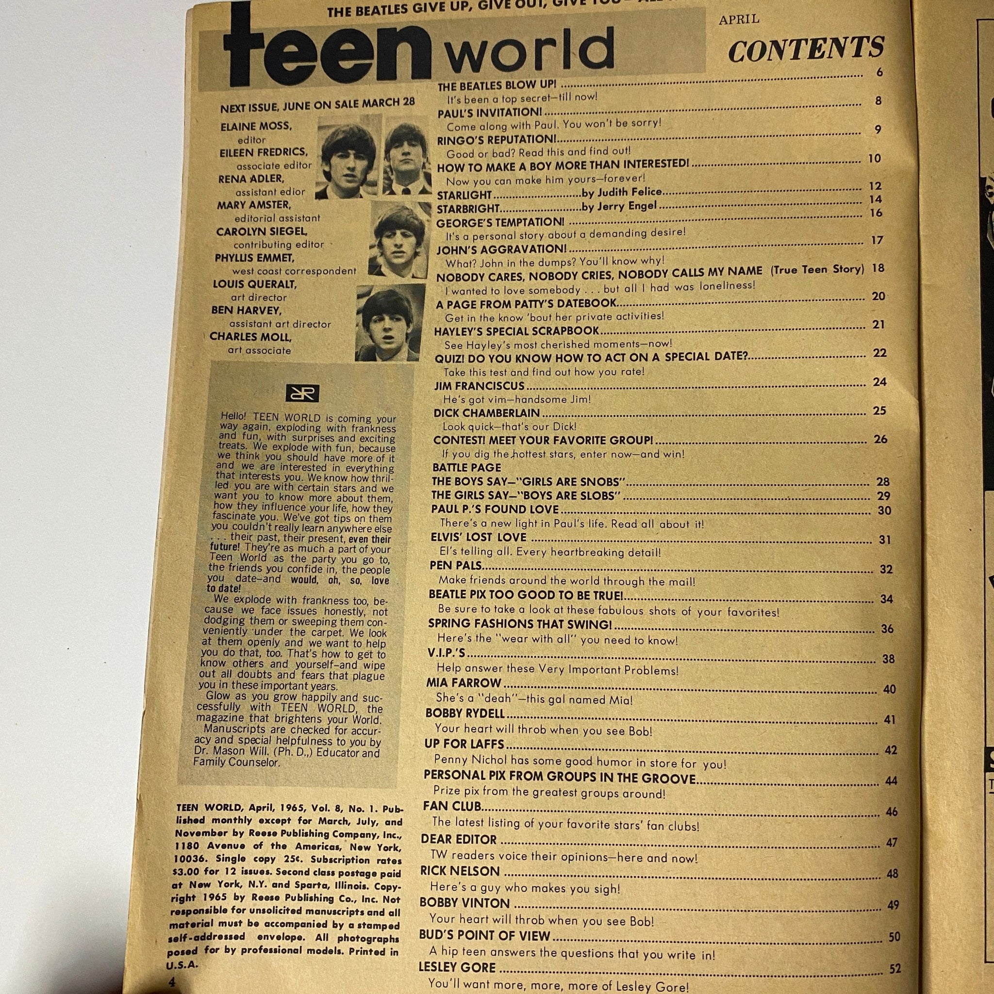 Contents page of Teen World Magazine April 1965 Vol 8 No. 1 featuring The Beatles cover, listing articles and features including 'Paul's Invitation' and 'John's Aggravation'.