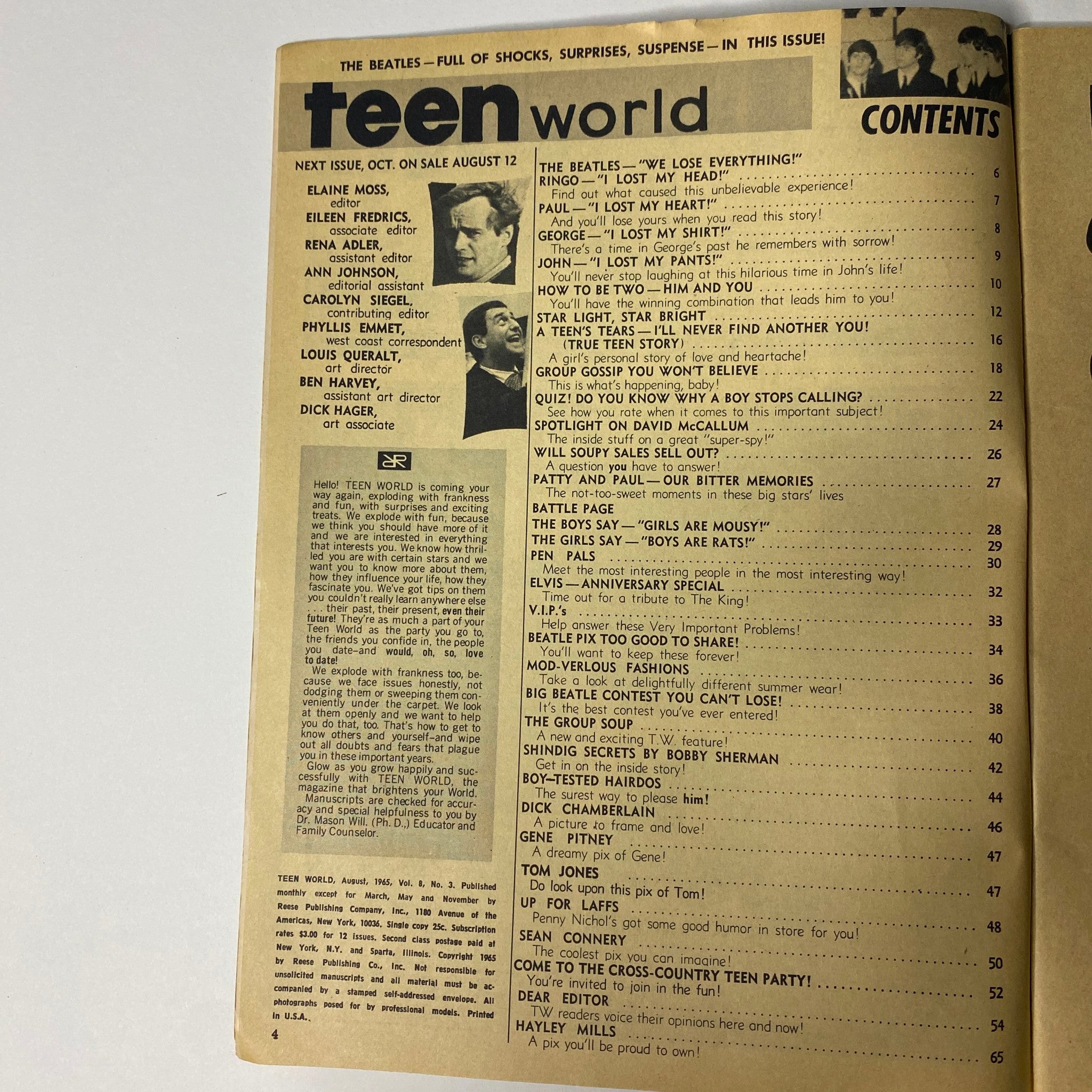 Table of contents page from Teen World Magazine August 1965 Vol 8 No. 3, highlighting articles including The Beatles, relationship advice, and teen gossip, reflecting the 1960s pop culture.