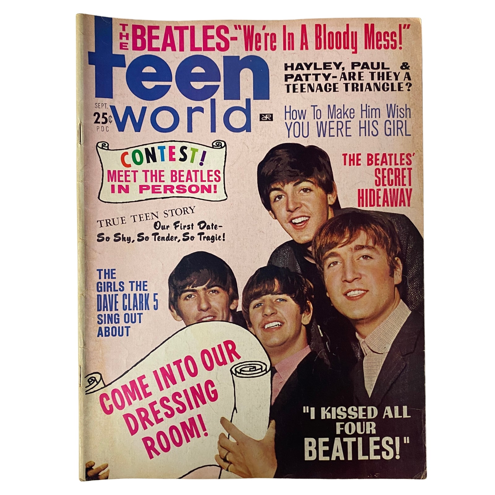 Teen World Magazine September 1964 Vol 7 No 3 The Beatles Cover featuring The Beatles with the caption 'We’re in a Bloody Mess!' showcasing vibrant fan culture from the 1960s.