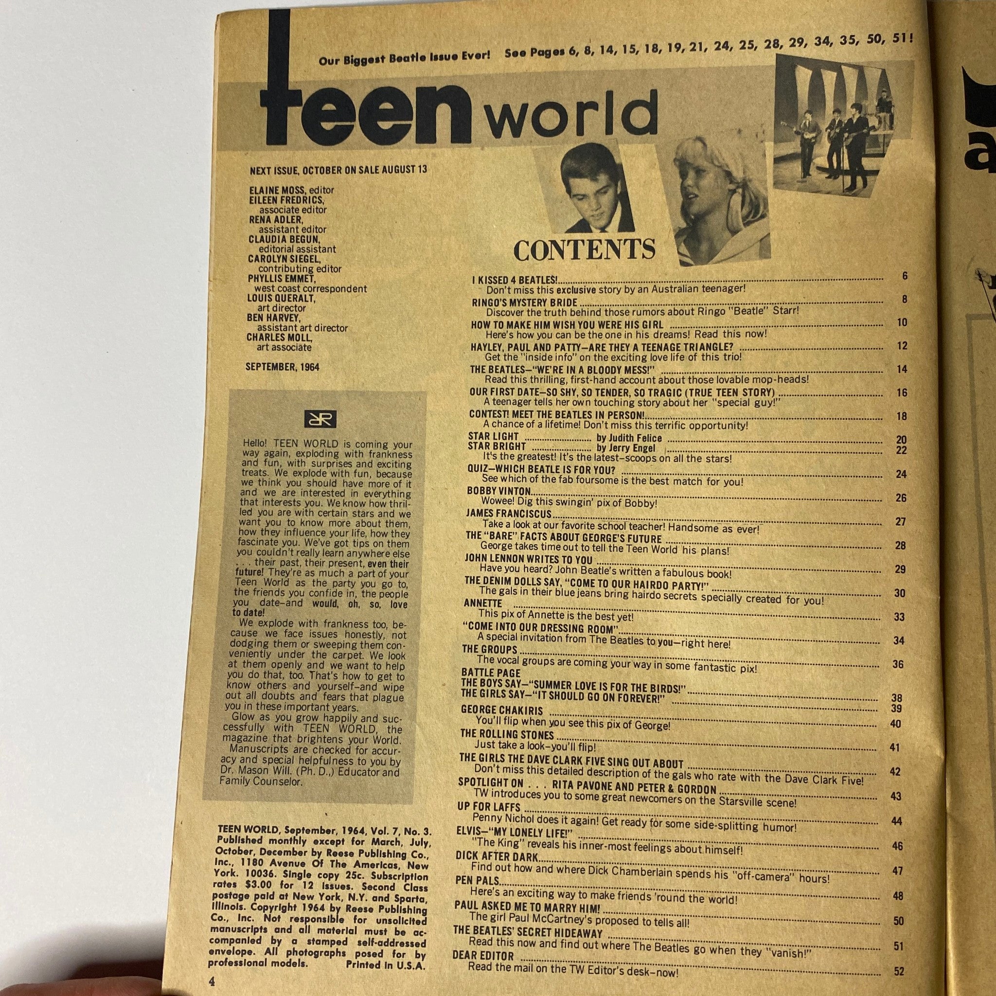 Interior page of Teen World Magazine September 1964 Vol 7 No 3 displaying the contents, highlighting features and articles about The Beatles and their popularity during Beatlemania.