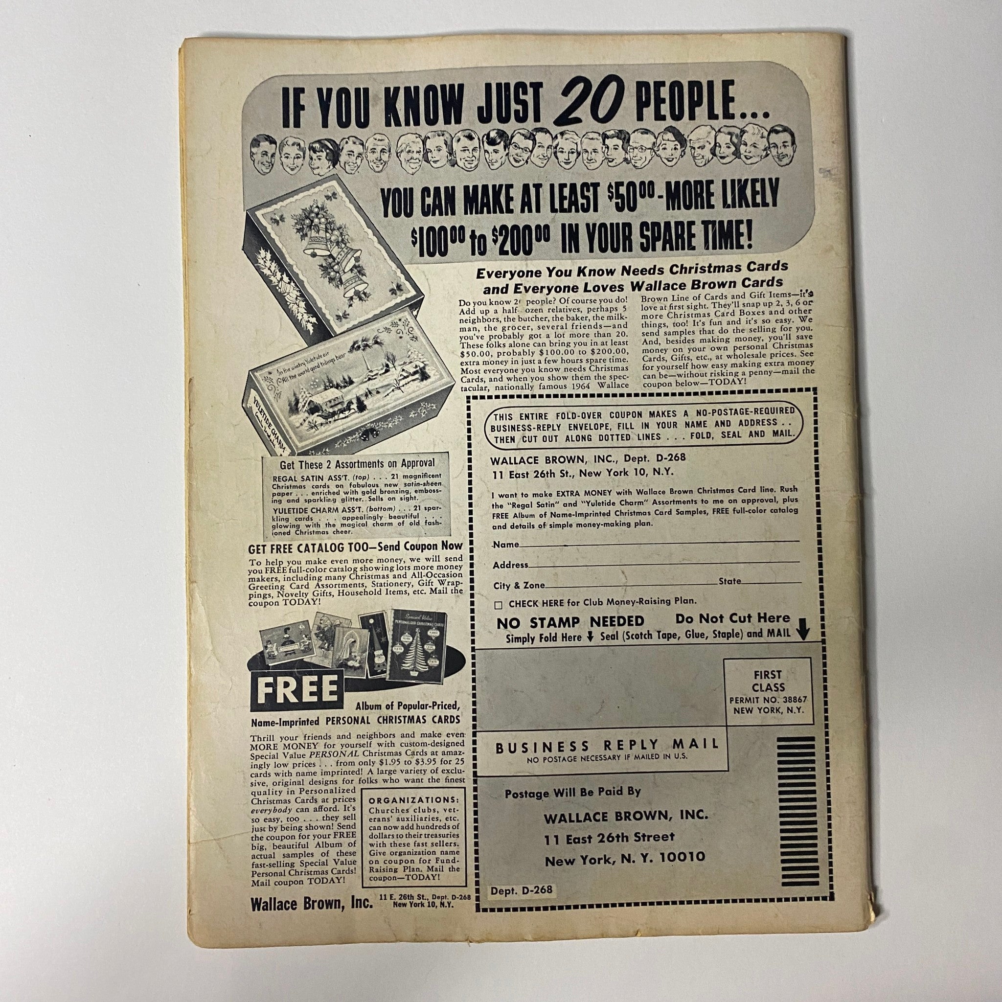 Back cover of Teen World Magazine August 1964 Vol 7 No. 2 The Beatles Cover, featuring advertisements and promotional offers including Christmas cards and catalog information.