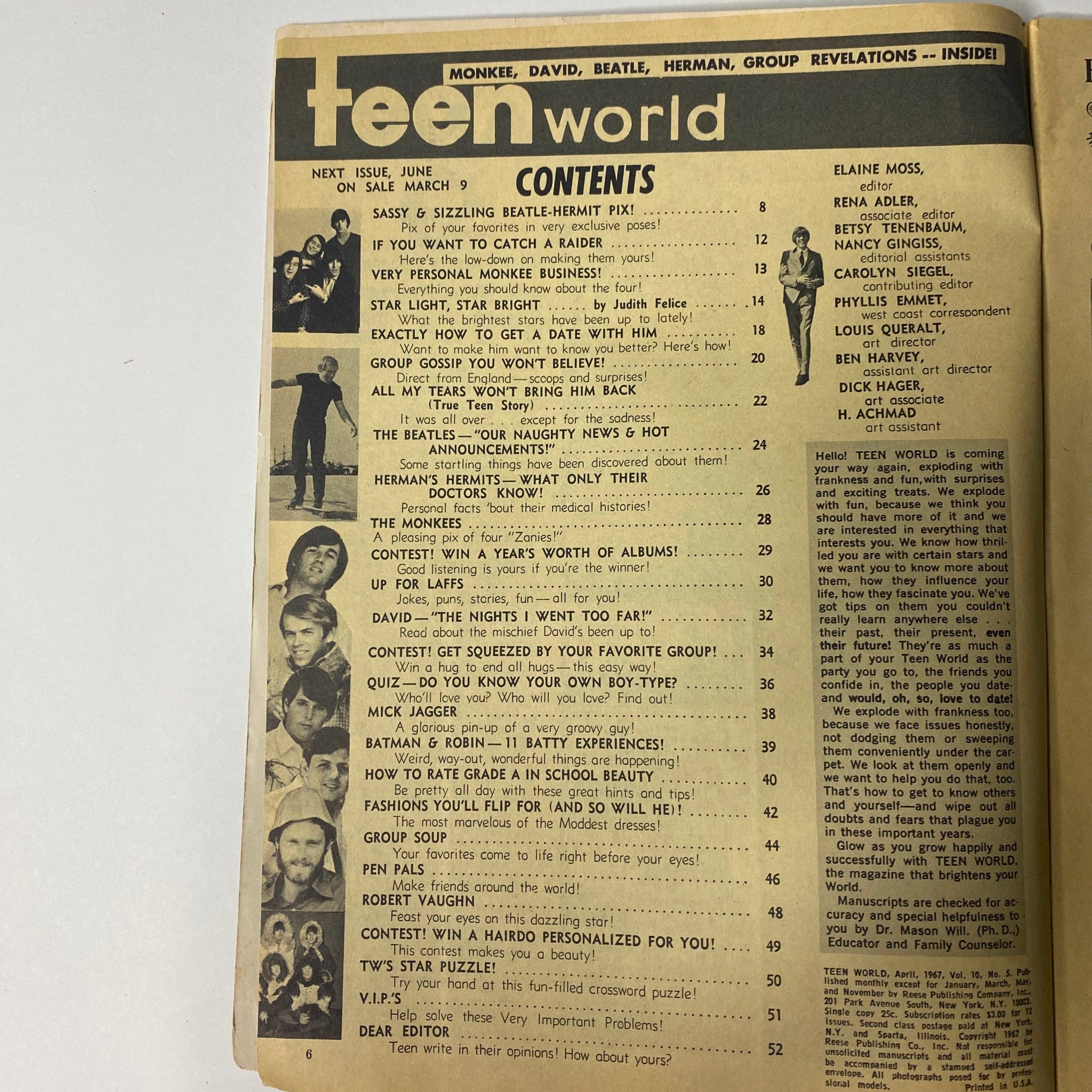 Contents page of Teen World Magazine April 1967 Vol 10 No. 5 listing articles including 'If You Want to Catch a Raider' and 'The Beatles—Our Naughty News & Hot Announcements!'.