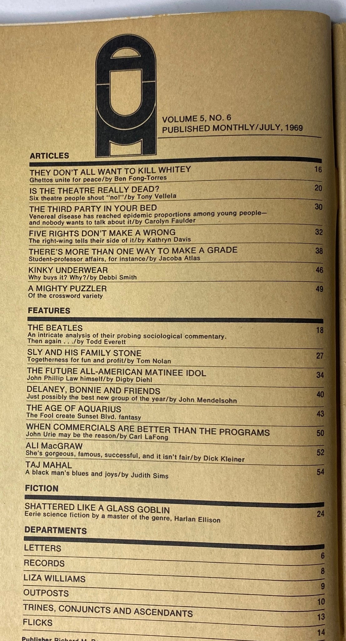 Table of contents from America's Underthirty Magazine July 1969 Vol 5 No. 6 featuring articles on social issues, music commentary, and creative features.