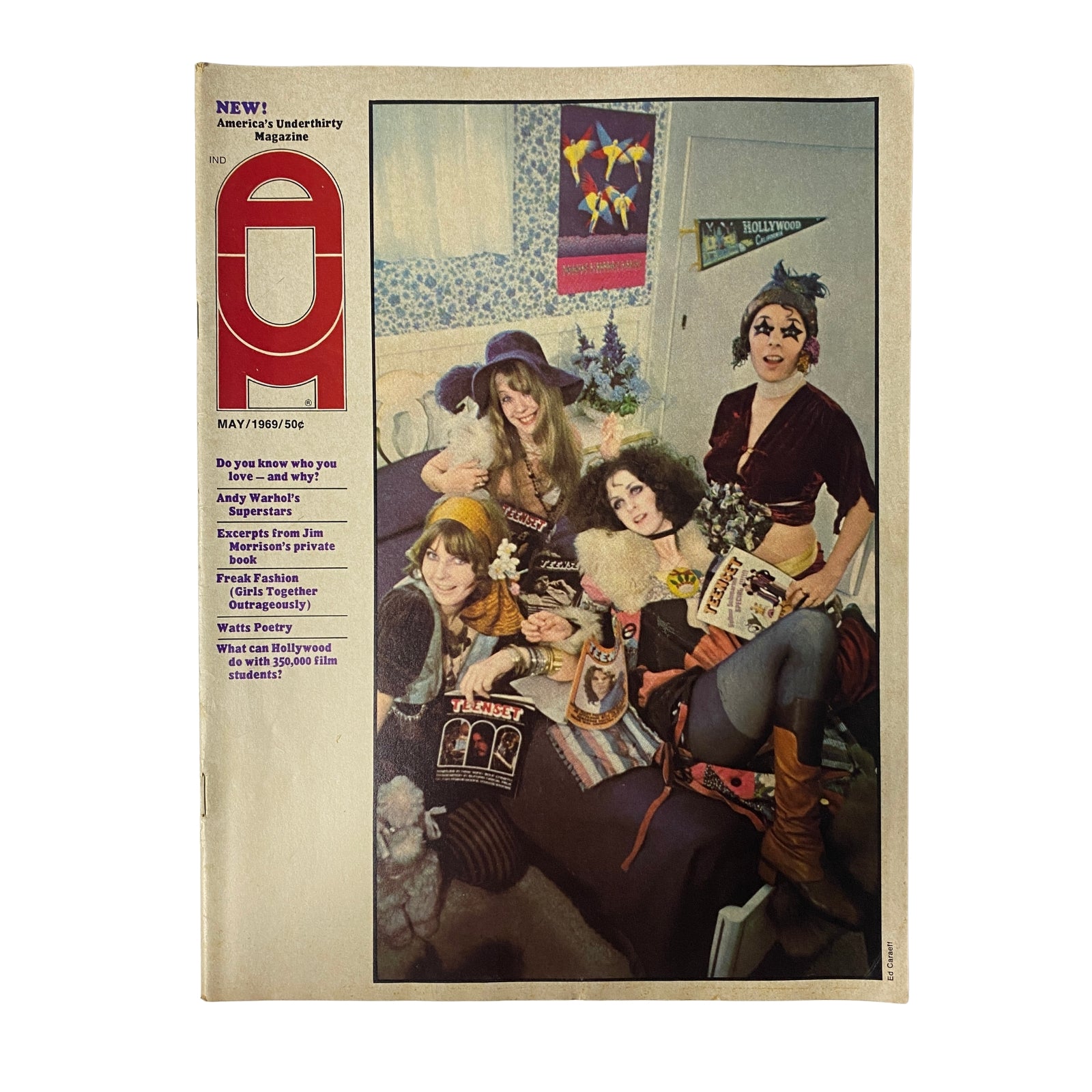 Cover of America's Underthirty Magazine, May 1969, Vol. 5 No. 4 featuring a group of women in bohemian attire, reflecting the counterculture spirit of the era with keywords 'Andy Warhol' and 'No Label'.