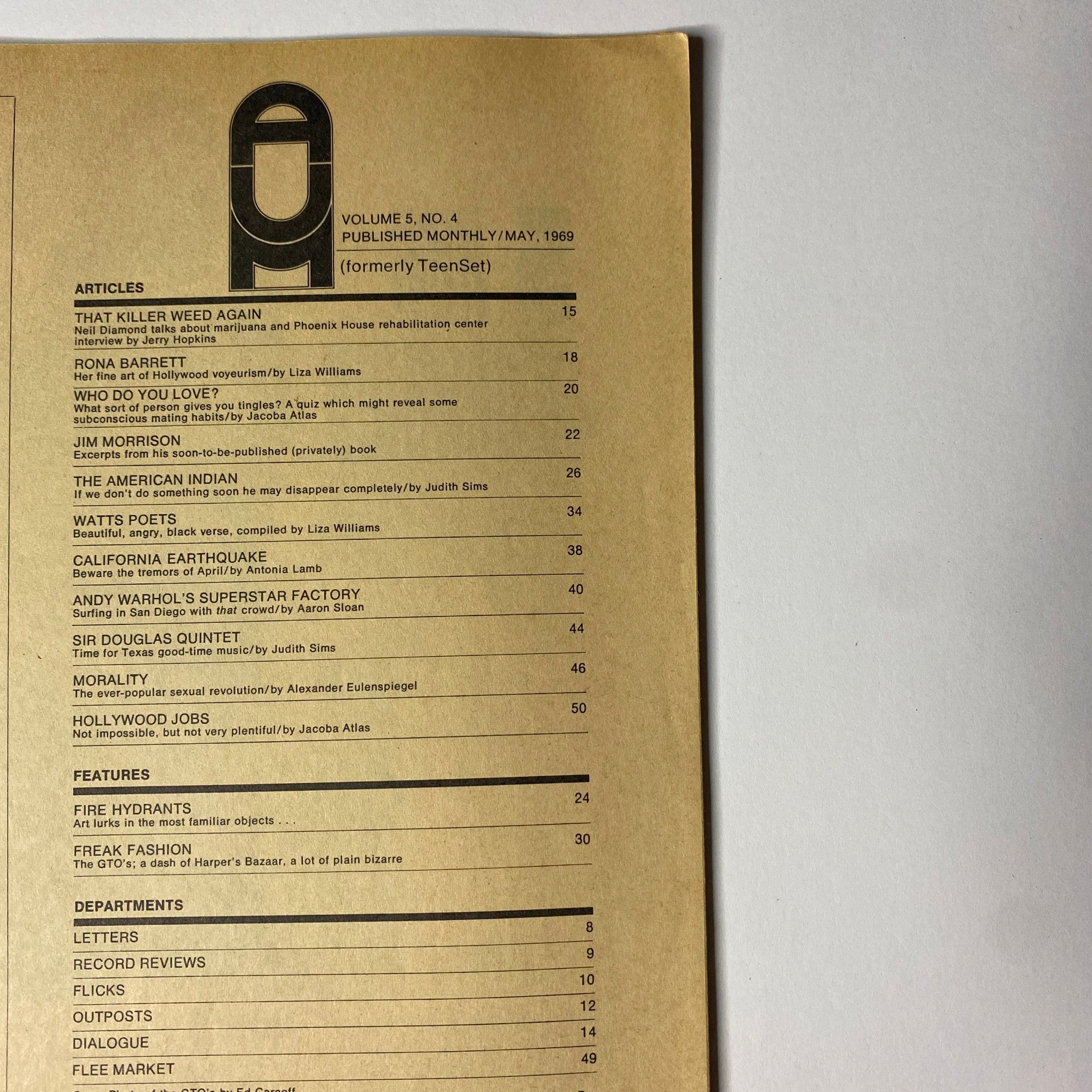 Table of contents from America's Underthirty Magazine, May 1969, Vol. 5 No. 4 highlighting articles and features including 'That Killer Weed Again', 'Jim Morrison', and 'Andy Warhol's Superstar Factory'.