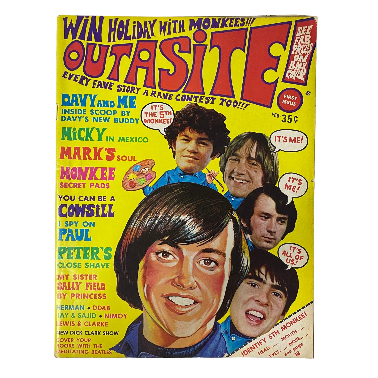 Outasite Magazine February 1967 featuring The Monkees on the cover, showcasing contests, music stories, and pop culture content.