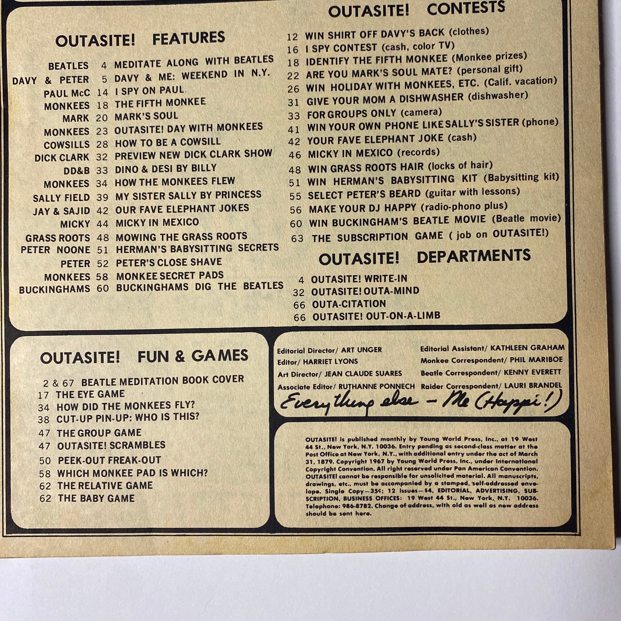 Back cover of Outasite Magazine February 1967, highlighting features, contests, and fun games related to The Monkees and other pop icons.