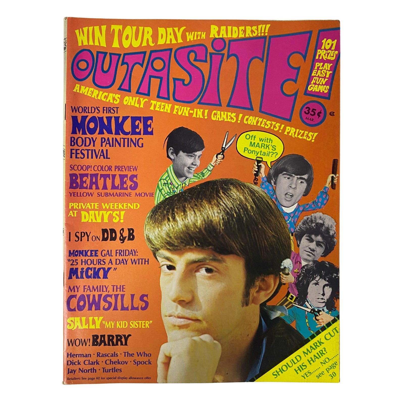 Cover of Outasite Magazine, March 1968 featuring The Monkees, The Beatles, contests, and interactive fun elements.