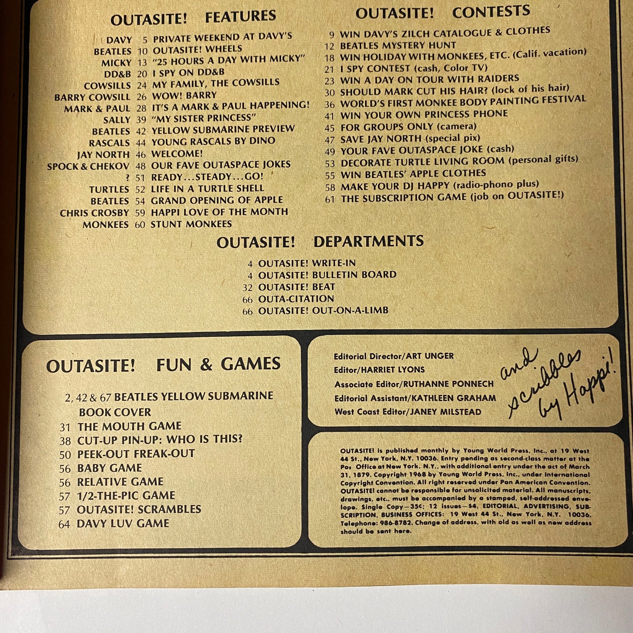 Inside page of Outasite Magazine, March 1968 showcasing features, fun games, and contests including exclusive content from The Beatles and The Monkees.