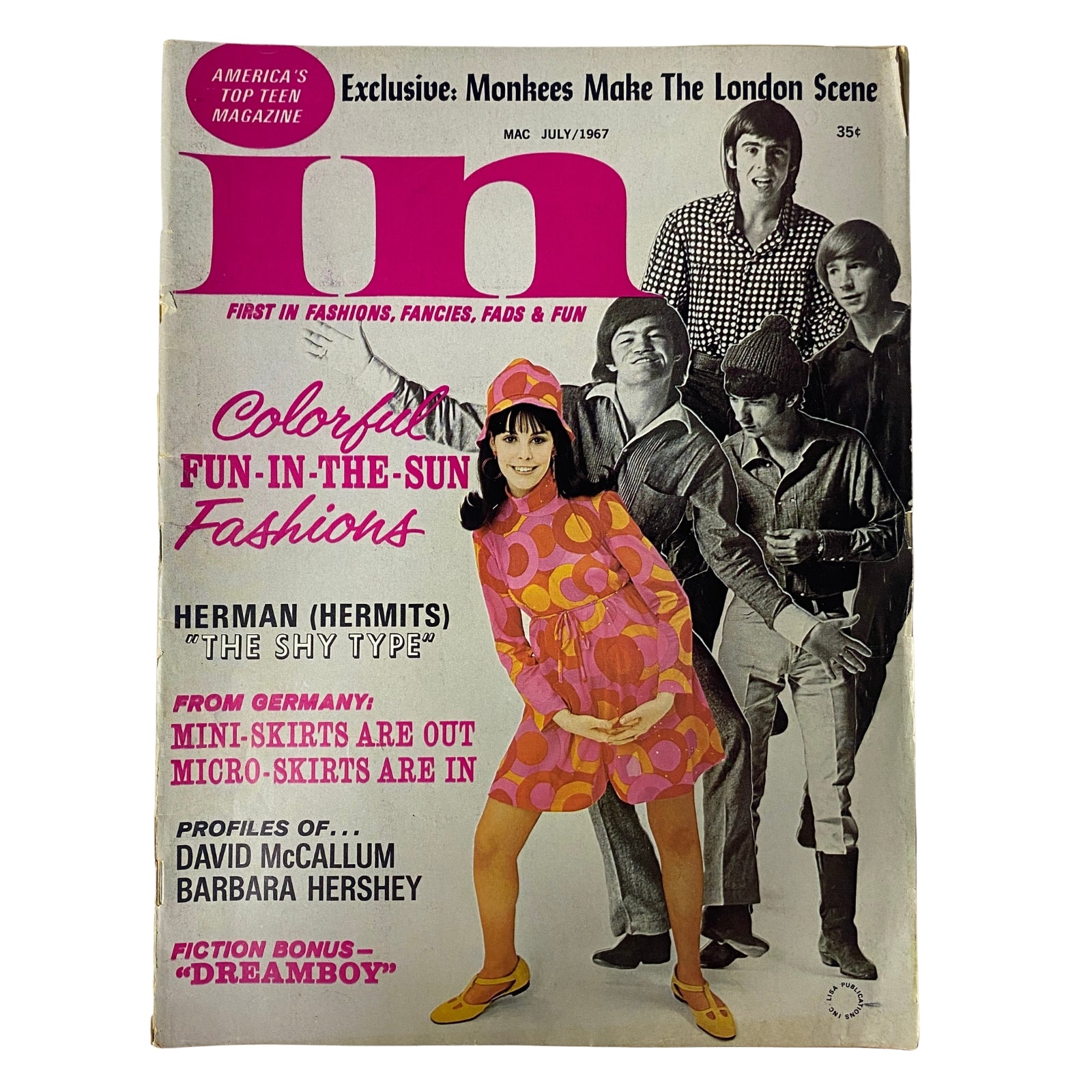 Cover of In Magazine, July 1967, featuring David McCallum, Barbara Hershey, the Monkees, and Beatles, showcasing colorful fashion trends and teen pop culture.