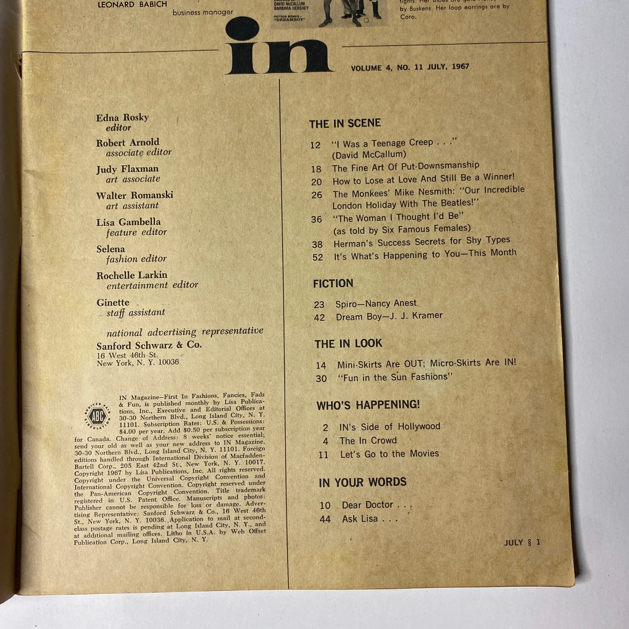 Inside page of In Magazine, July 1967 (Vol. 4, No. 11), listing articles and features including David McCallum's interview, fashion advice, and fiction stories.