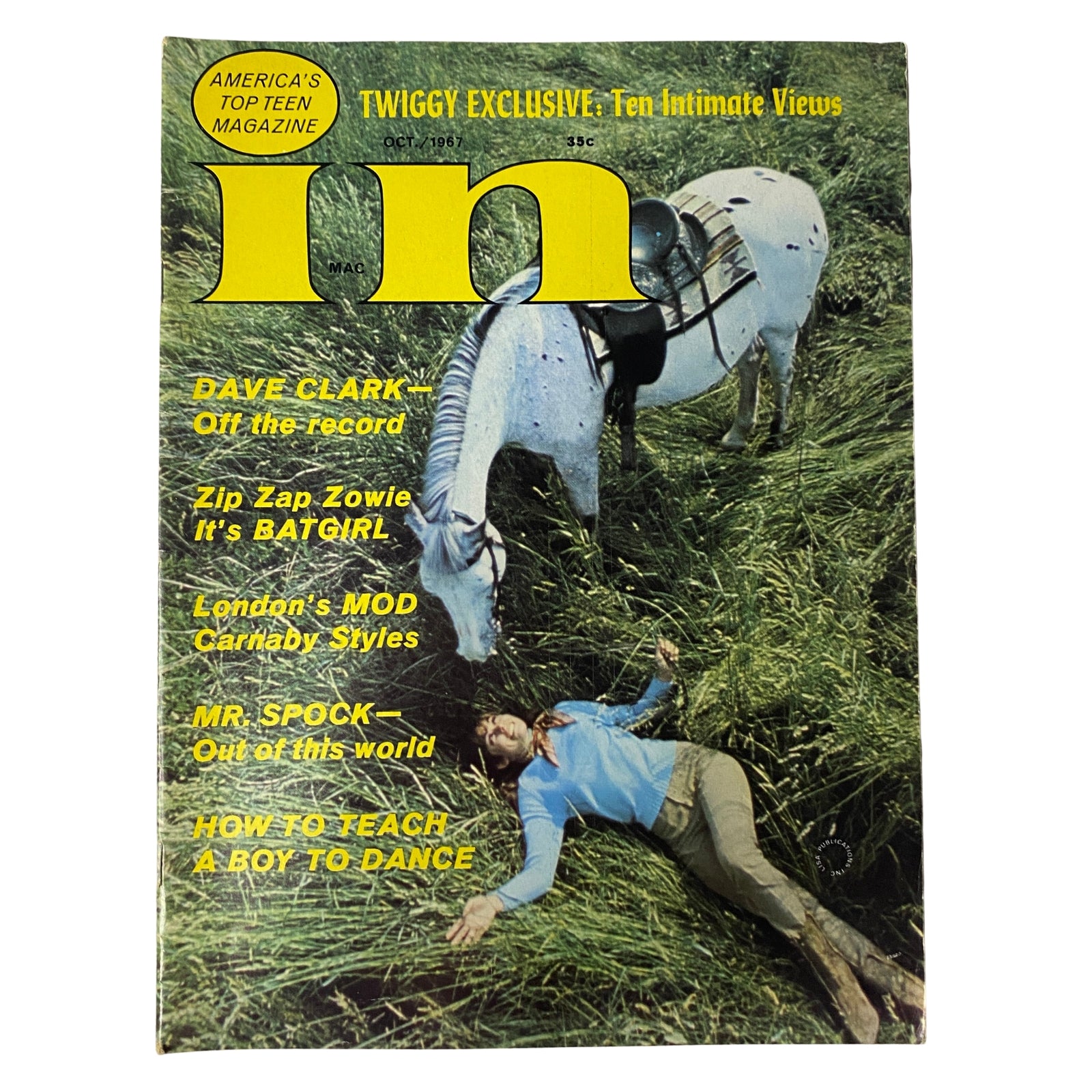 In Magazine October 1967 cover featuring Amanda Levant, showcasing popular teen culture, music, and fashion, with notable mentions of stars like Leonard Nimoy and Twiggy, in very good condition.