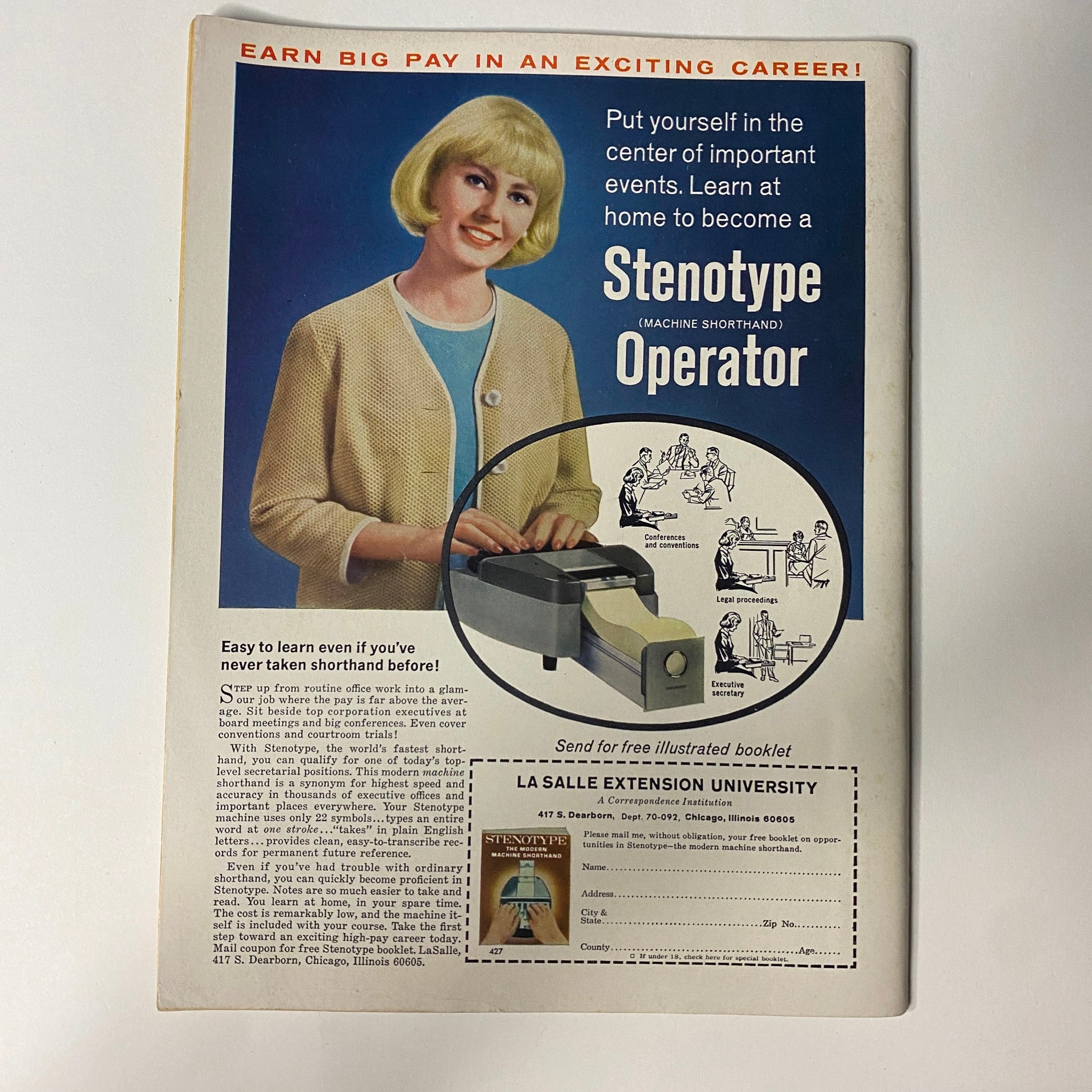 Advertisement from In Magazine October 1967 promoting a career as a Stenotype Operator, featuring a model and a stenotype machine - Amanda Levant Cover, No Label, VG.
