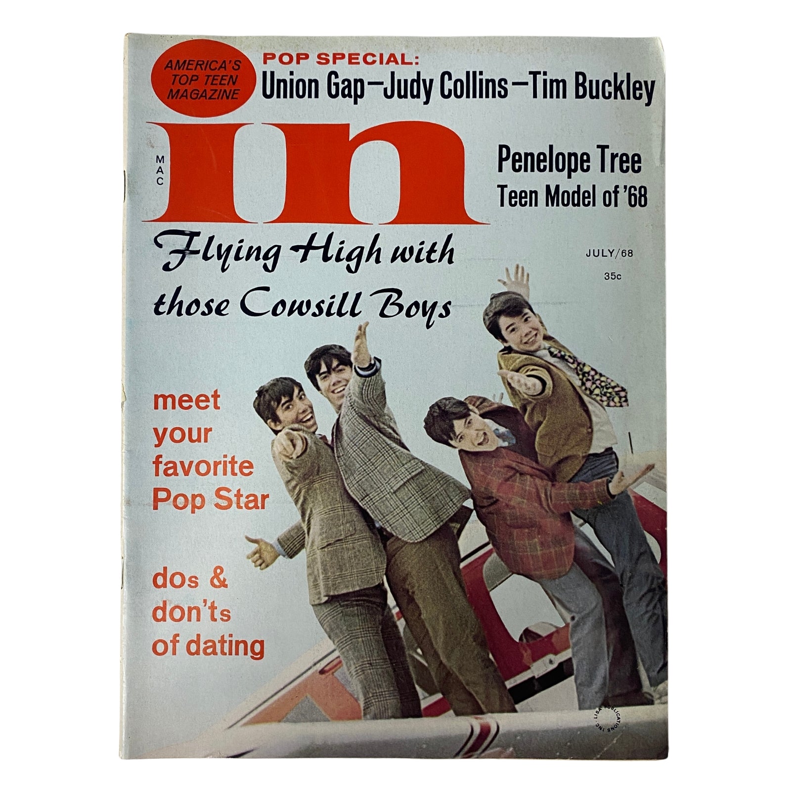 Cover of In Magazine, July 1968, featuring The Cowsill Boys, highlighting pop culture, music, and fashion of the late 1960s.
