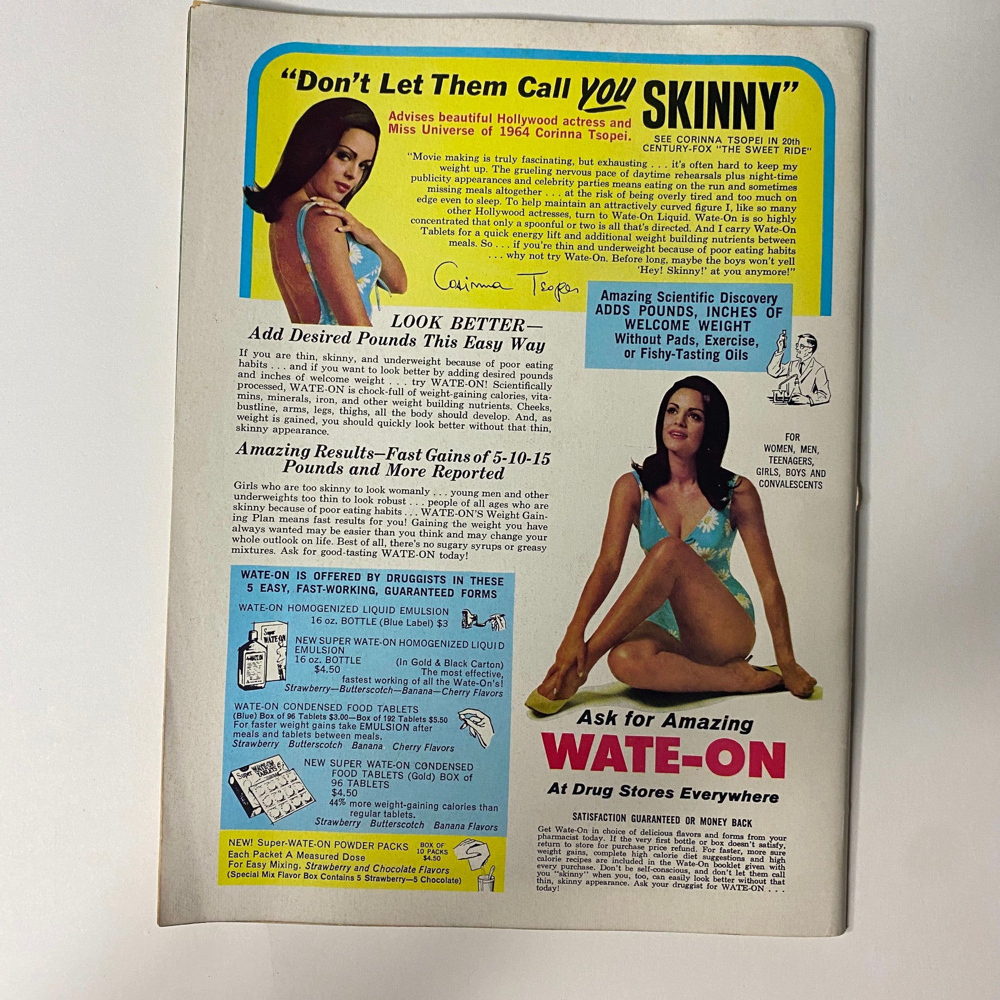 Back cover advertisement from In Magazine, July 1968, featuring Miss Universe contestant and promoting Wate-On product for weight gain.
