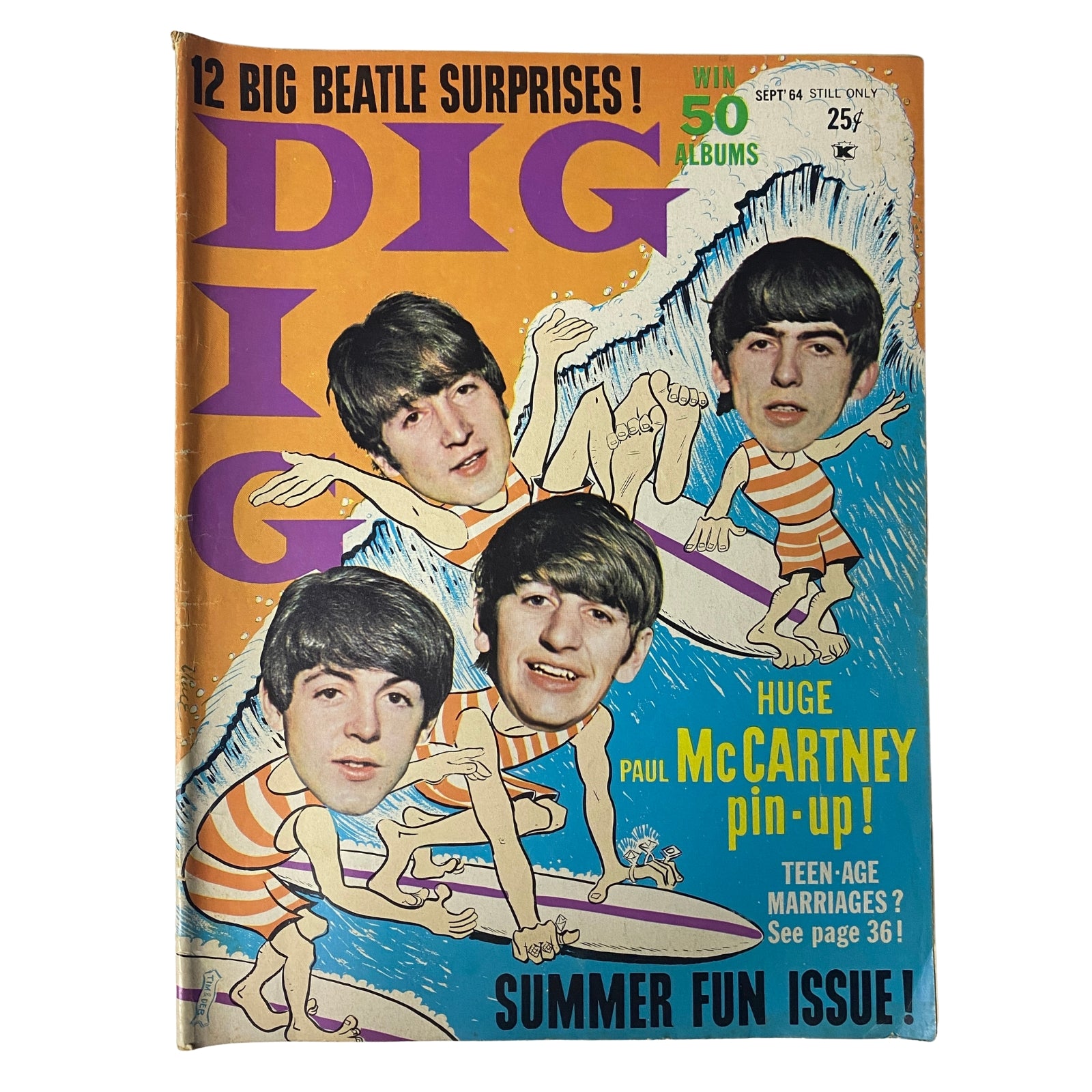 Cover of Dig Magazine September 1964 (Vol 11 No 5) featuring The Beatles. Illustrated with multiple faces of Paul McCartney Photoshopped on surfers. Summer theme with text highlighting '12 Big Beatle Surprises!' and 'Huge Paul McCartney Pin-Up!'.