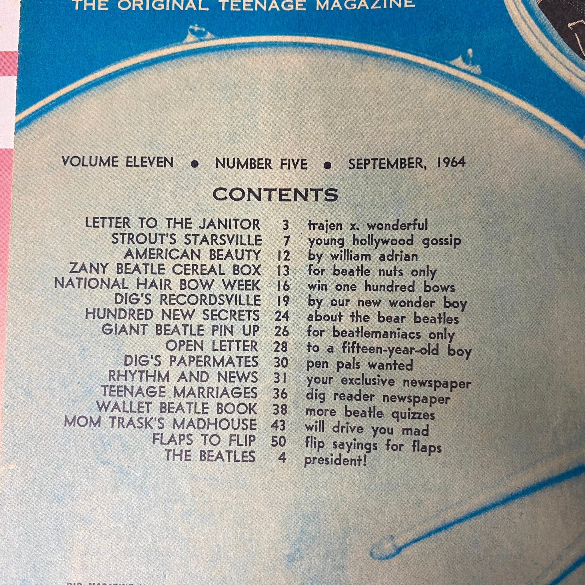 Contents page of Dig Magazine September 1964 (Vol 11 No 5) listing articles including 'Letter to the Janitor', 'Strout's Starsville', and 'Zany Beatle Cereal Box'. Organized text showcasing the magazine's features capturing the essence of 1960s teen culture.