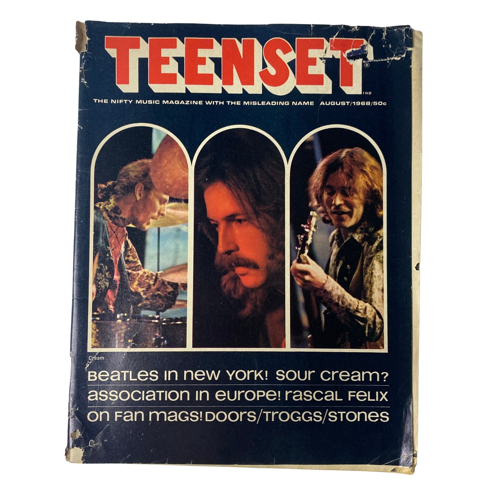 Cover of TeenSet Magazine August 1968 Vol 4 No. 8 featuring iconic musicians with a cream background and visible wear, capturing the essence of the late-1960s rock revolution.