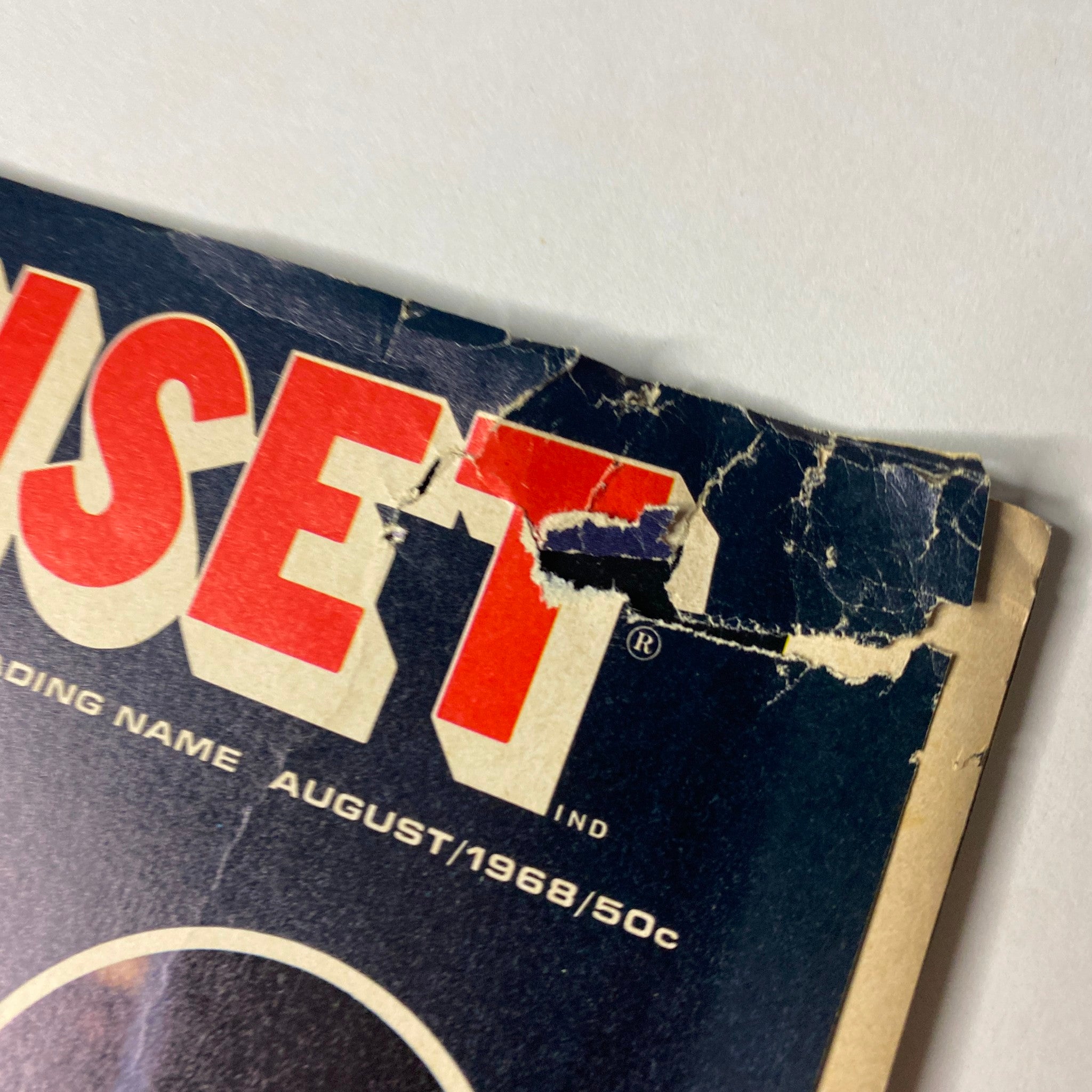 Close-up of TeenSet Magazine August 1968 Vol 4 No. 8 showing damage on the cover, highlighting its vintage condition and collectible status.
