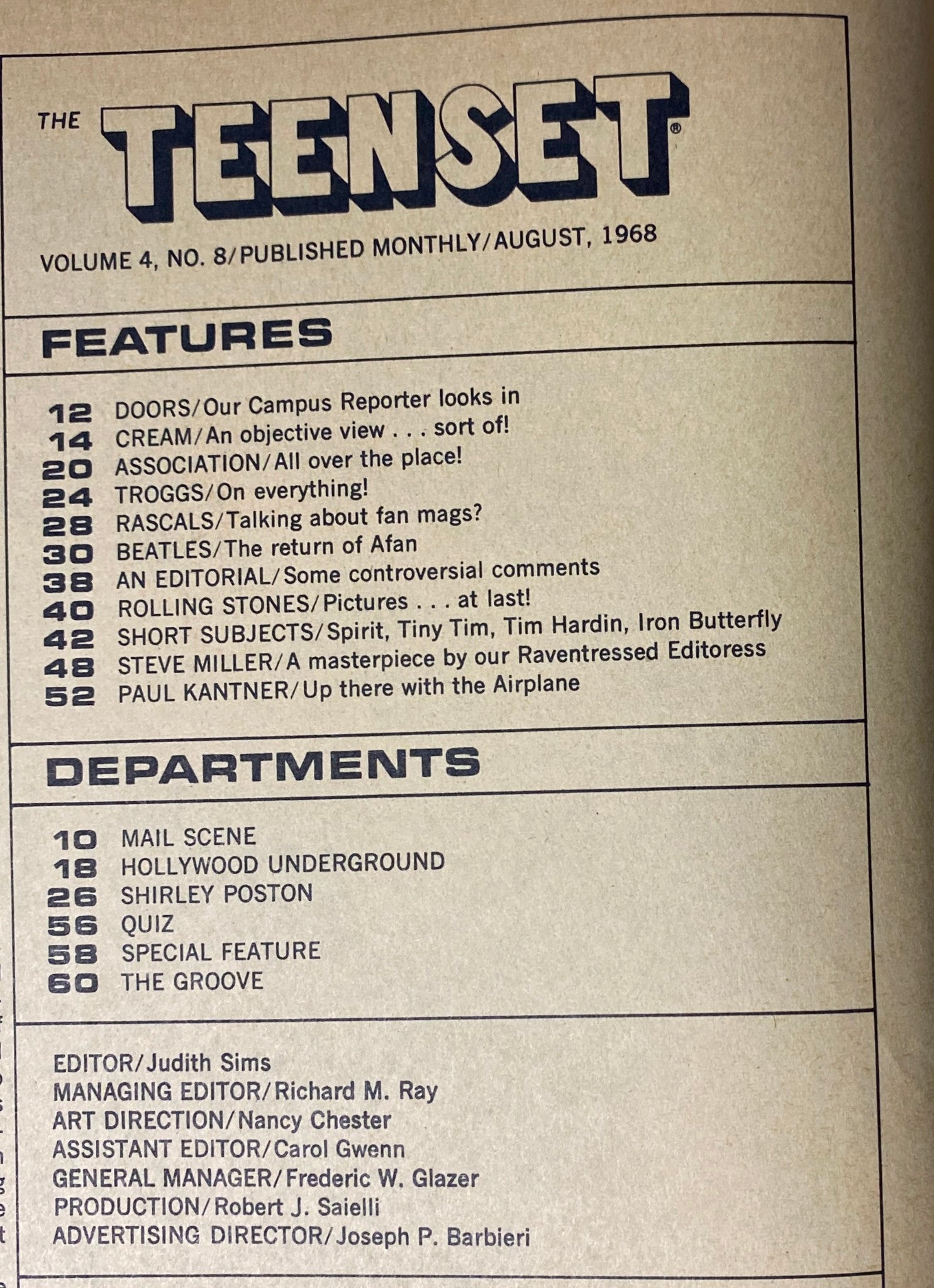 Inside page of TeenSet Magazine August 1968 Vol 4 No. 8 listing features and departments, emphasizing the magazine's exclusive content on 1960s music culture.