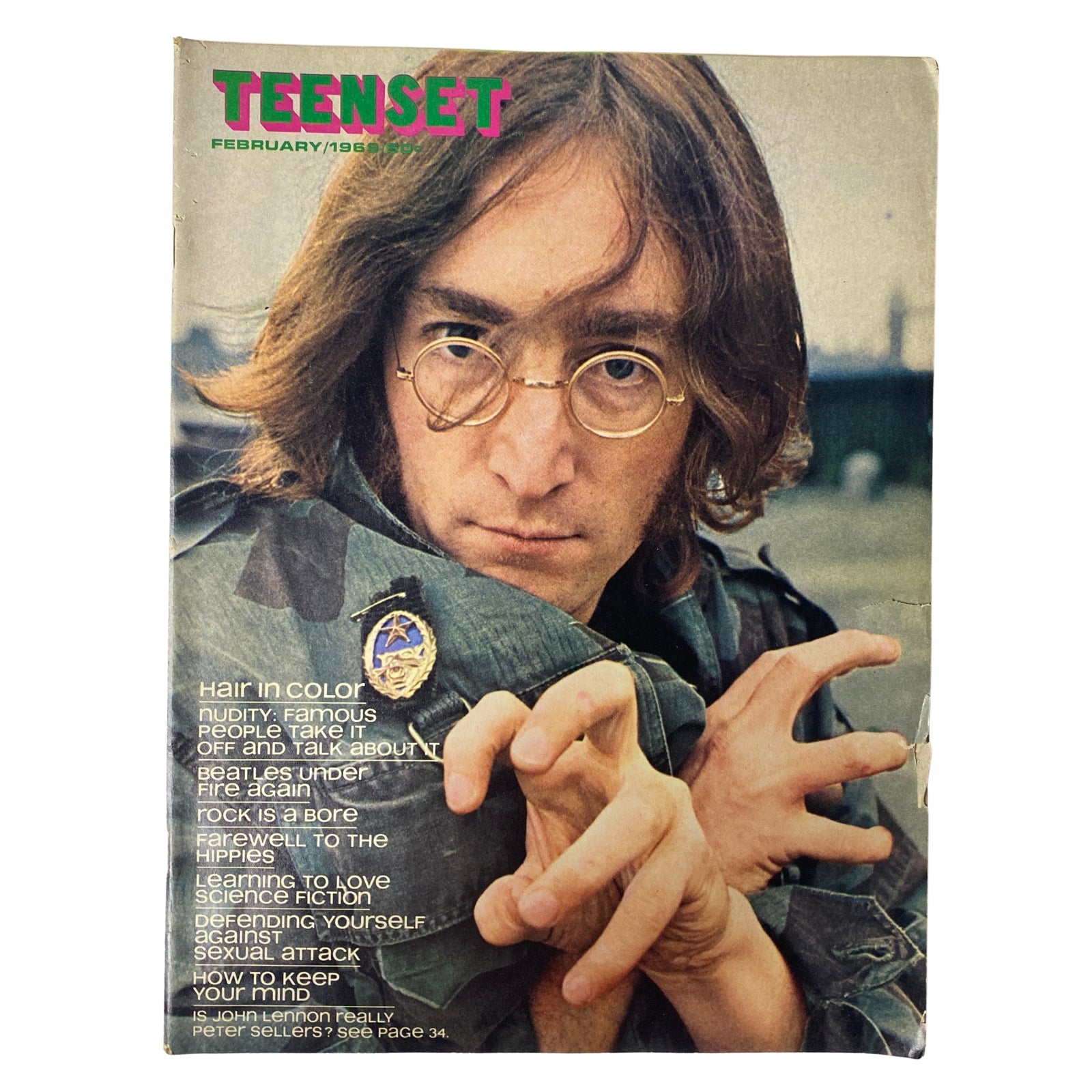 TeenSet Magazine February 1969 Vol 5 No. 2 featuring John Lennon on the cover, showcasing his signature round glasses and military jacket, highlighting articles on counterculture and rock music.