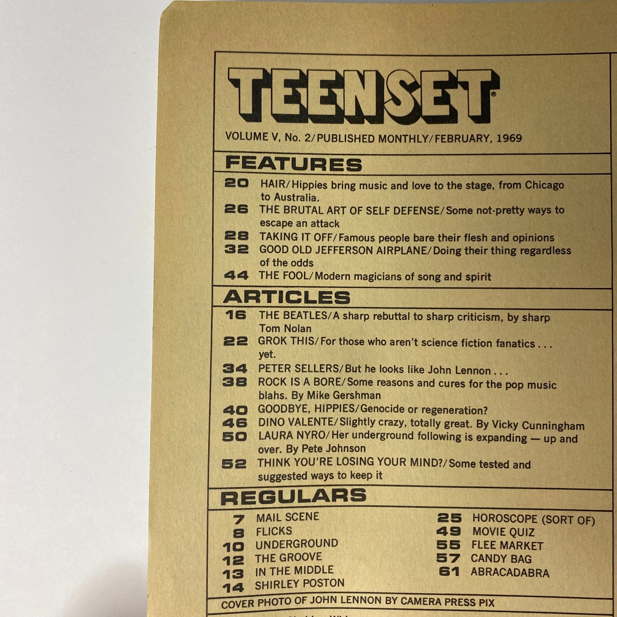 Inside page of TeenSet Magazine February 1969 Vol 5 No. 2, listing features and articles such as Hair and The Beatles, alongside a photo of John Lennon, illustrating the magazine's focus on music and culture.
