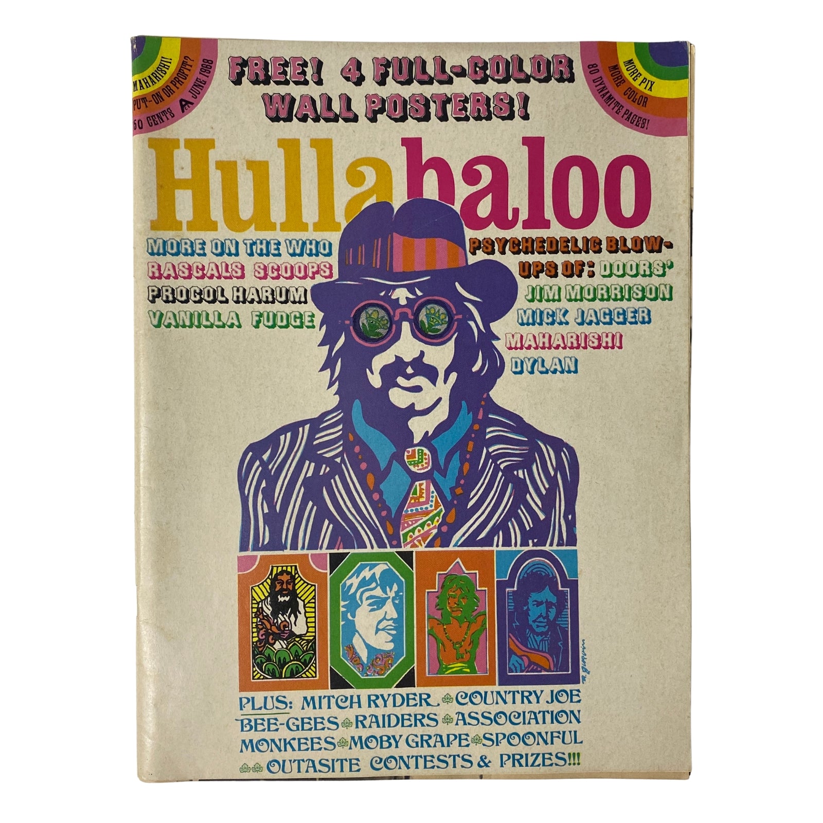 Cover of Hullabaloo Magazine May-June 1968 Vol 3 No. 4 featuring Jim Morrison and vibrant psychedelic designs with promotional text for free posters and articles on Rascals, The Who, and more.