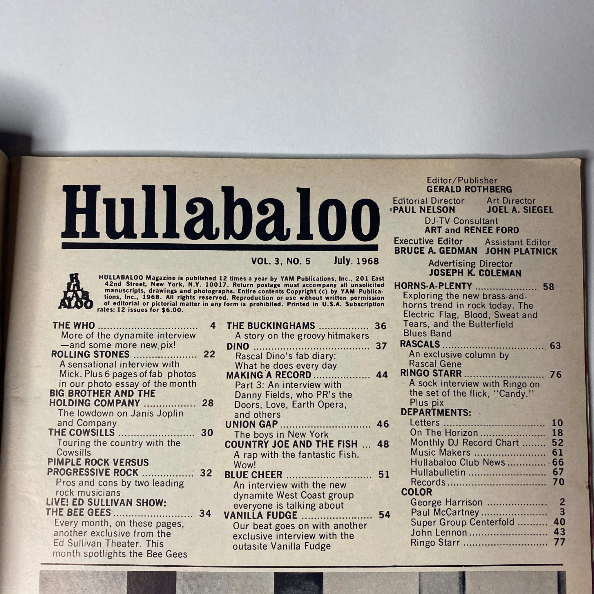 Hullabaloo Magazine July 1968 Vol 3 No. 5 table of contents page highlighting features on popular bands including The Who, The Rolling Stones, and more.