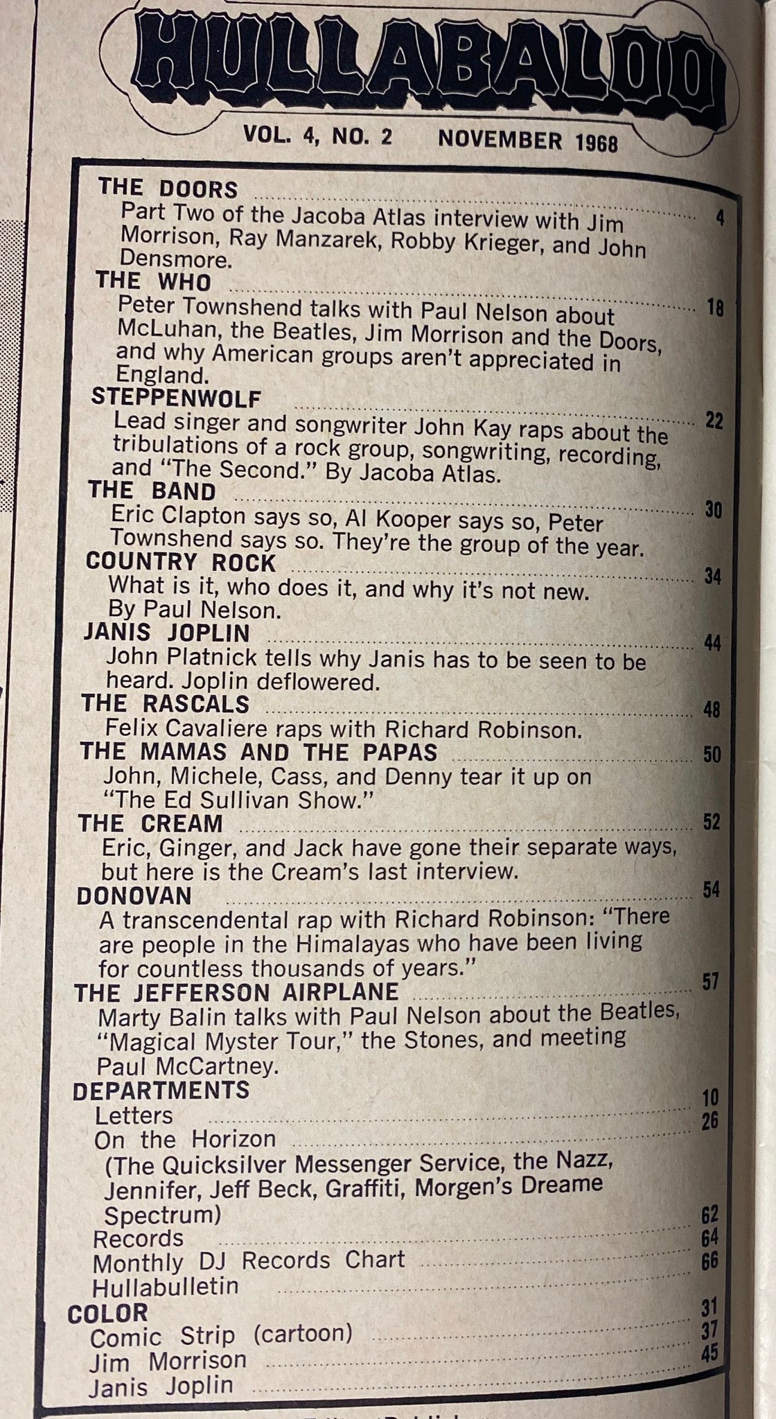 Hullabaloo Magazine November 1968 table of contents listing major features including Jim Morrison, The Who, and Janis Joplin.
