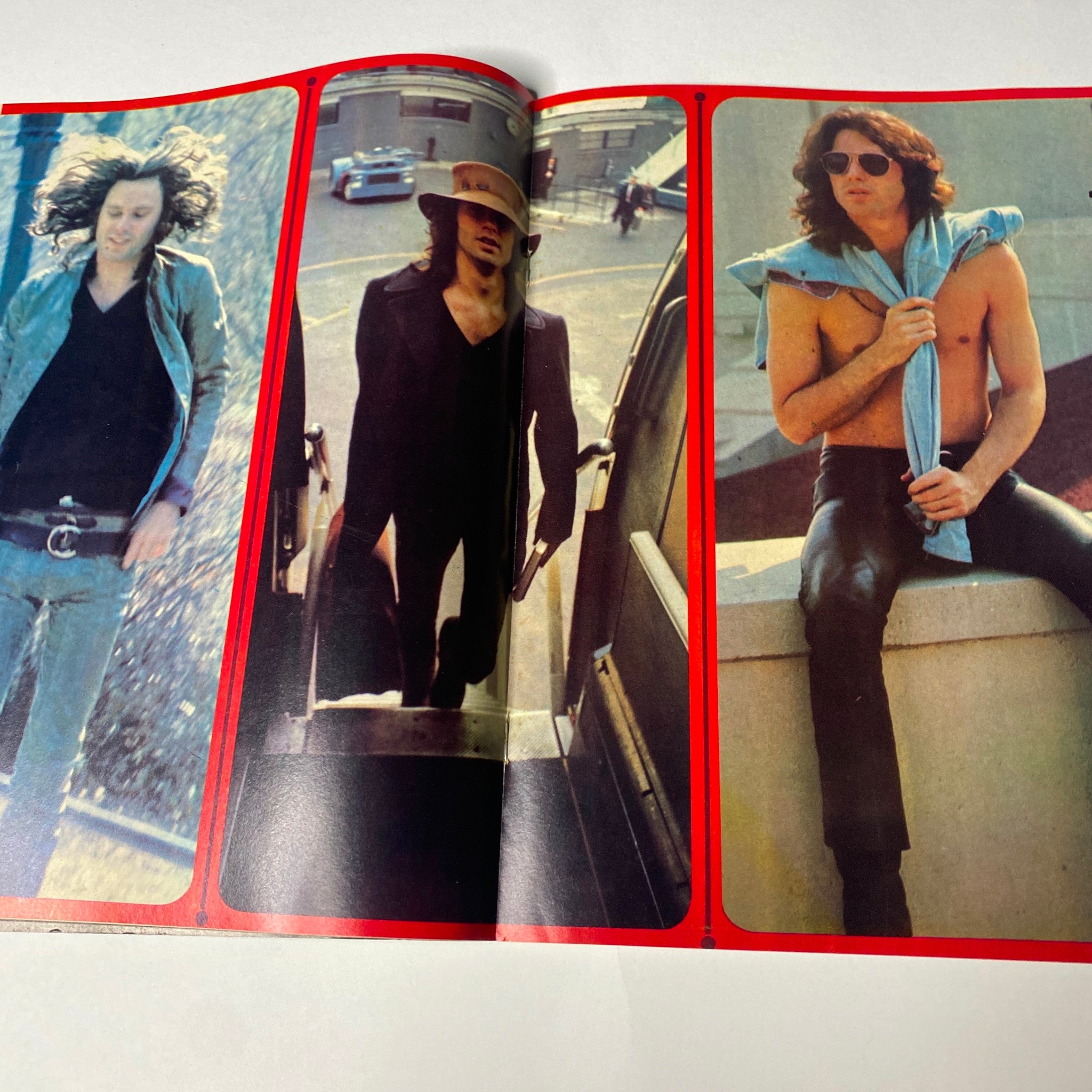Three images showcasing Jim Morrison's iconic style in Hullabaloo Magazine November 1968 Vol 4 No. 2, featuring fashionable outfits and poses indicative of the late 1960s rock culture.