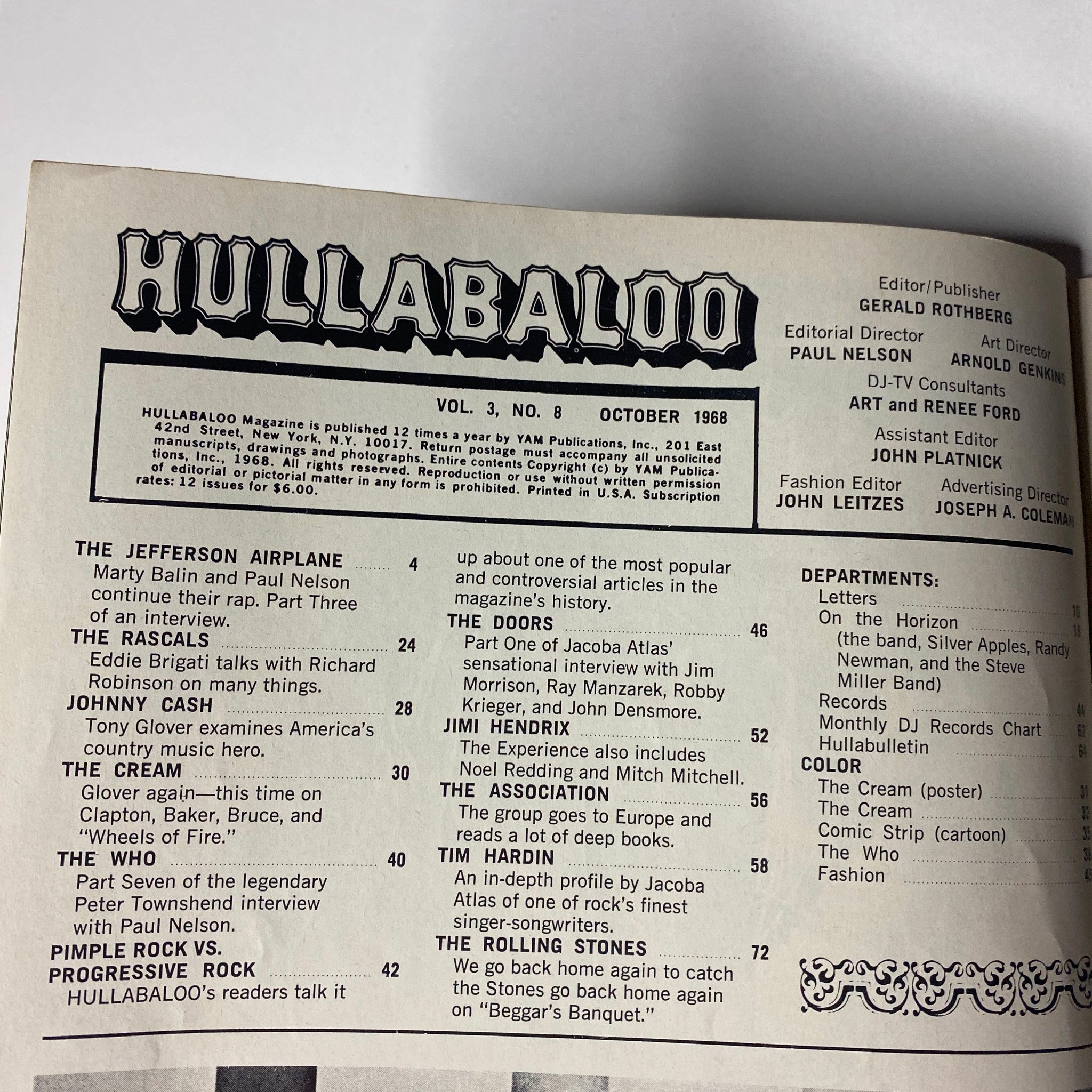 Interior page of Hullabaloo Magazine October 1968 showing contents and features of Volume 3, Number 8, including articles on The Jefferson Airplane and The Rascals.