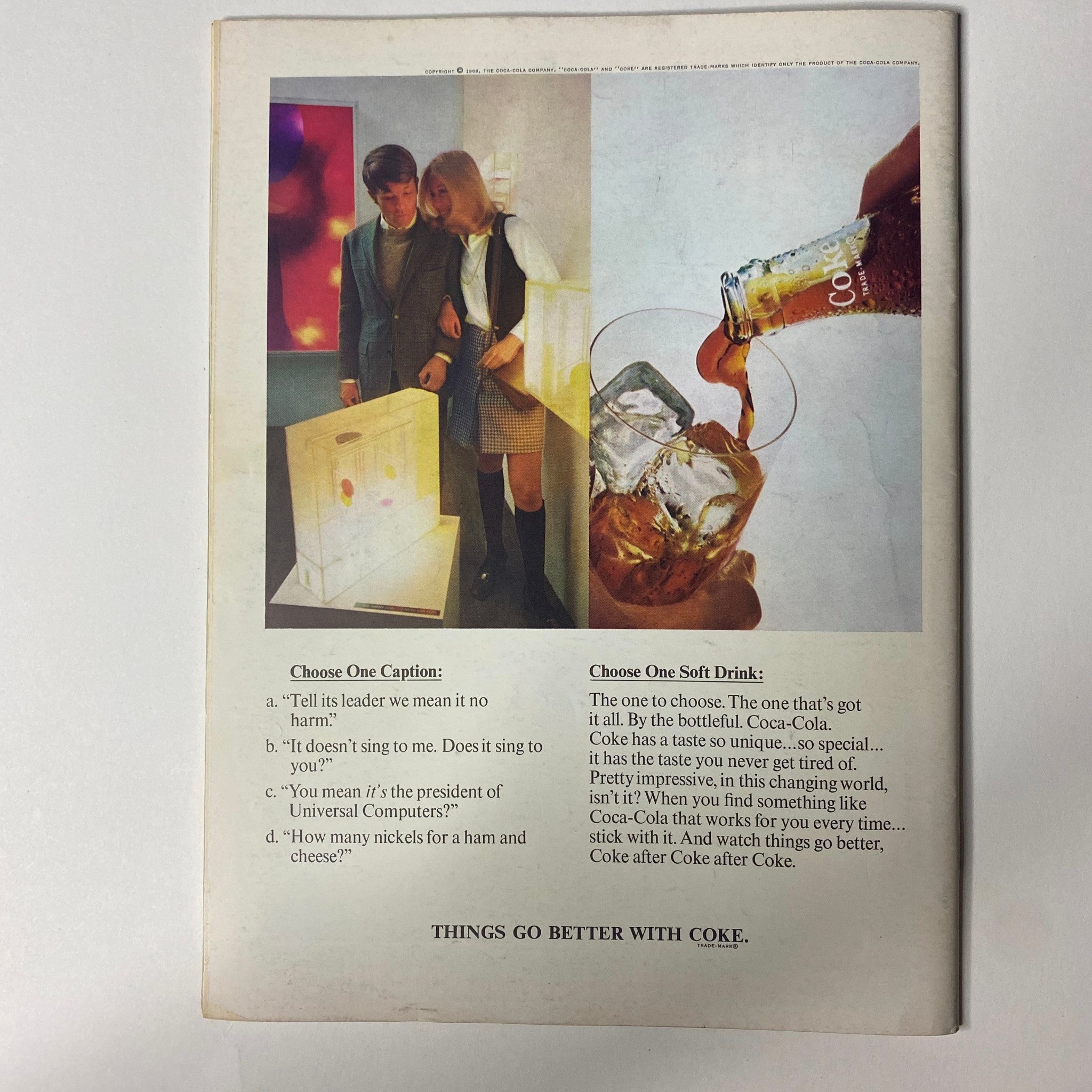 An advertisement page from Hullabaloo Magazine October 1968 Vol 3 No. 8 featuring a couple discussing soft drink choices, highlighting the cultural aspects of the late 1960s and the influence of Coca-Cola.