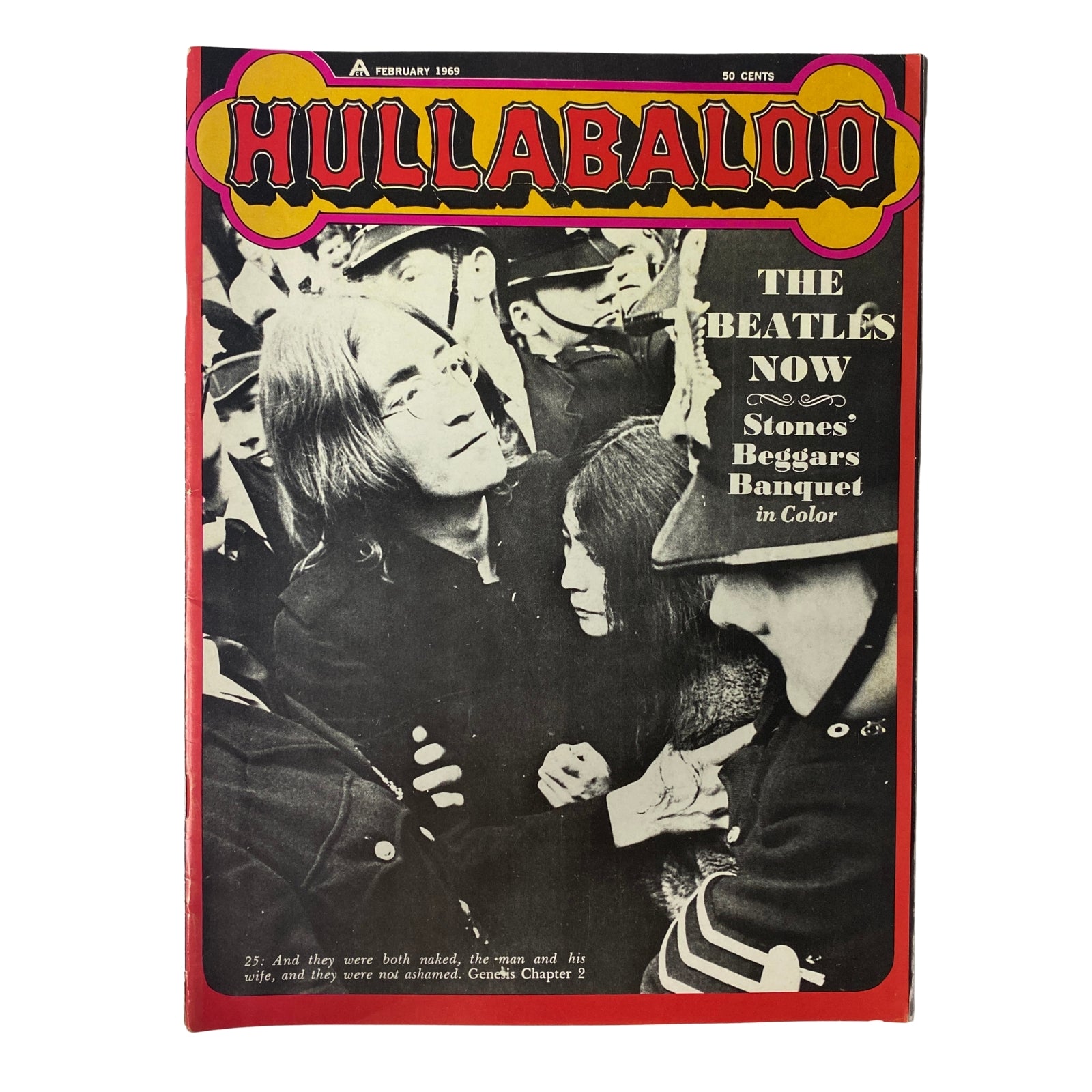 Cover of Hullabaloo Magazine February 1969 Vol 4 No. 5 featuring John Lennon and Yoko Ono with a bold headline about The Beatles' music, capturing the essence of the 60s counterculture.