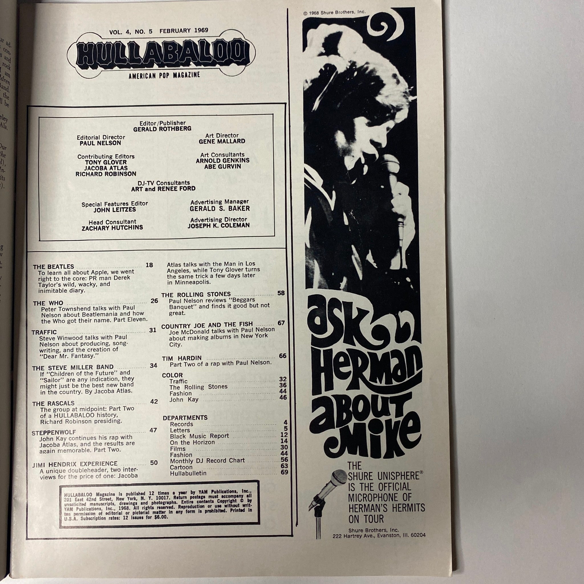 Inside page of Hullabaloo Magazine February 1969 Vol 4 No. 5 displaying the contents section including features on The Beatles and contemporary music artists, highlighting the vibrant culture of the era.