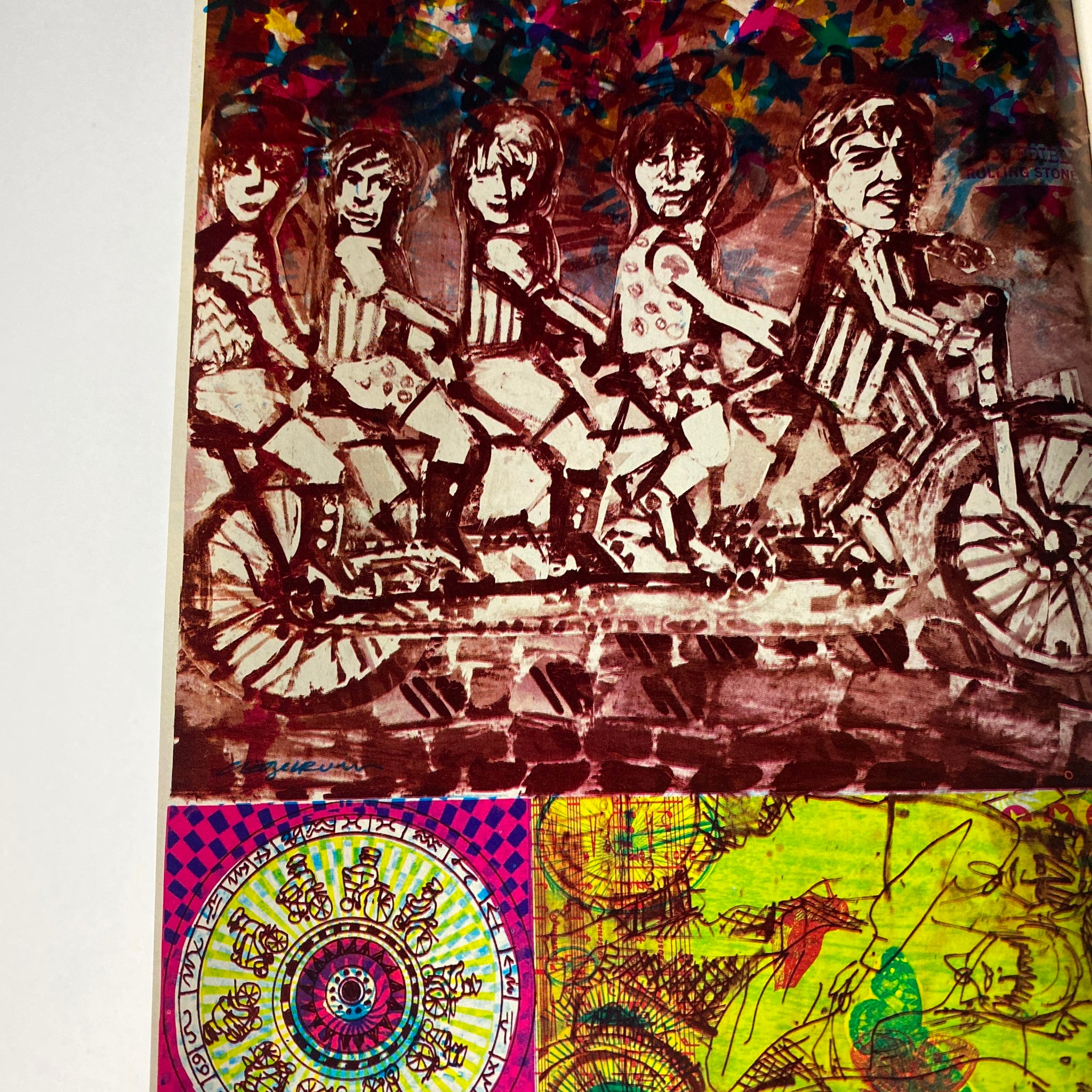 Artistic illustration from Hullabaloo Magazine September 1968 depicting five people on bicycles, representing the creative designs and illustrations of the 1960s.