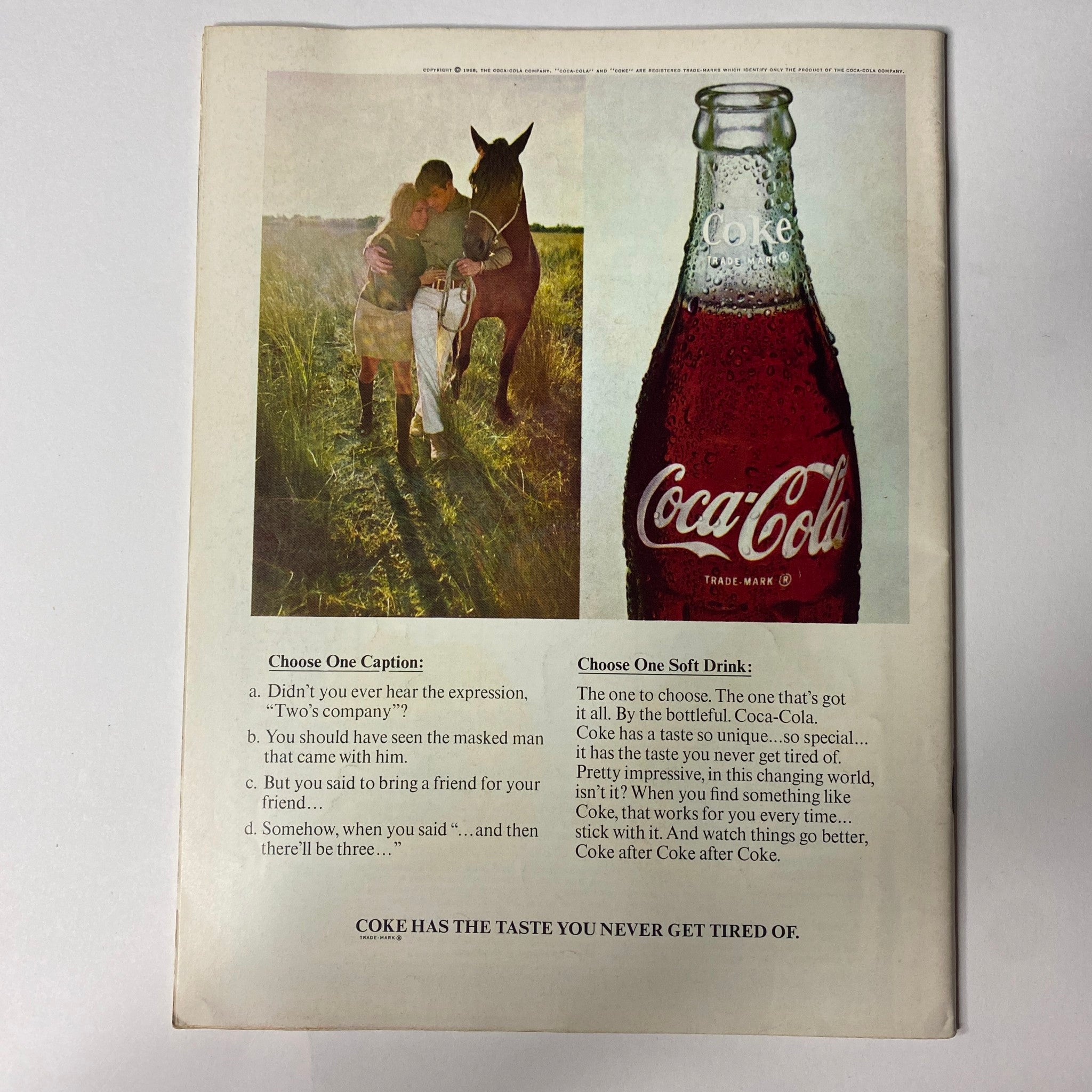 Back cover of Hullabaloo Magazine September 1968 featuring a classic Coca-Cola advertisement alongside a nostalgic pastoral scene.
