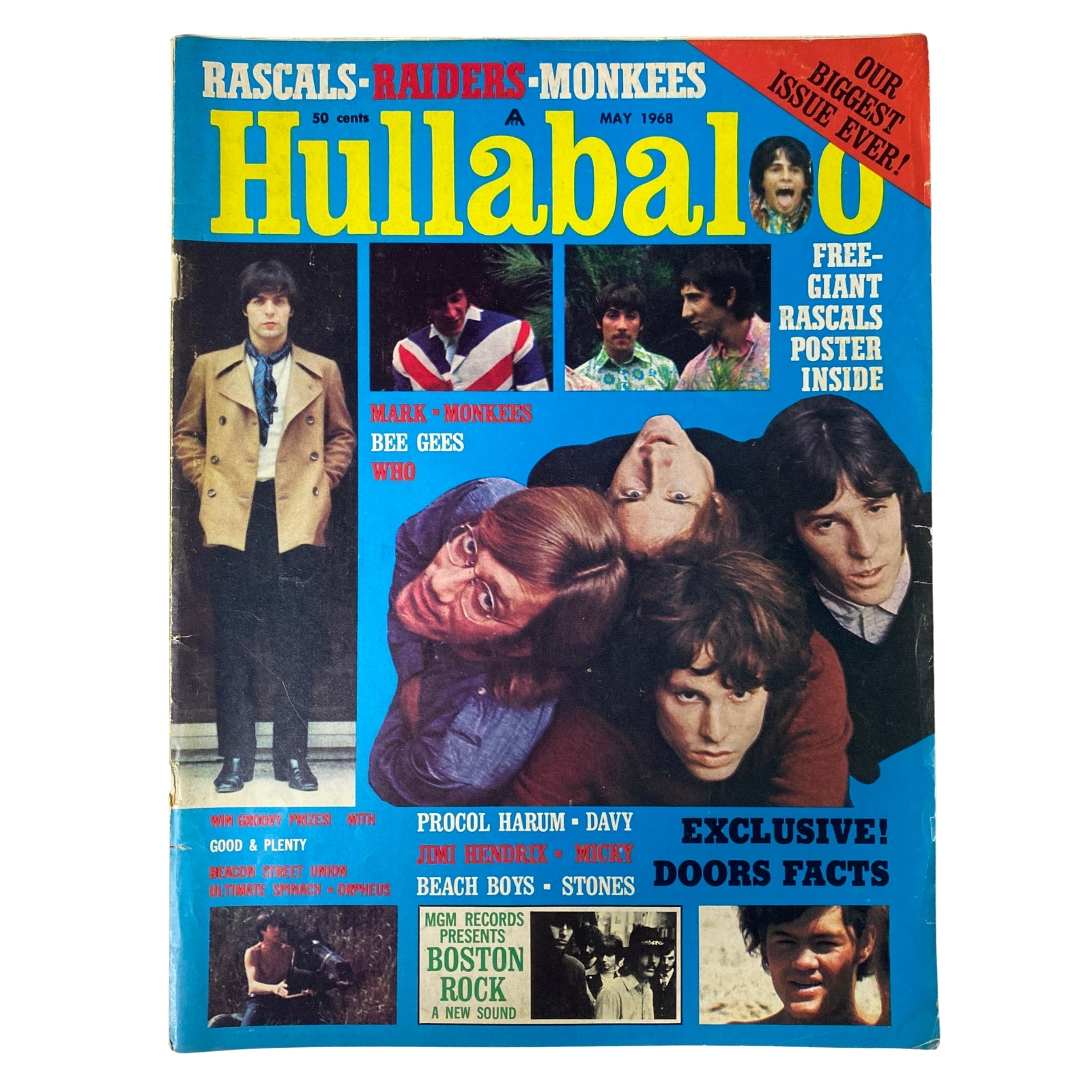Hullabaloo Magazine April-May 1968 Vol 3 No. 3 featuring The Rascals, The Monkees, and Bee Gees on the cover, showcasing iconic pop culture of the late 1960s.