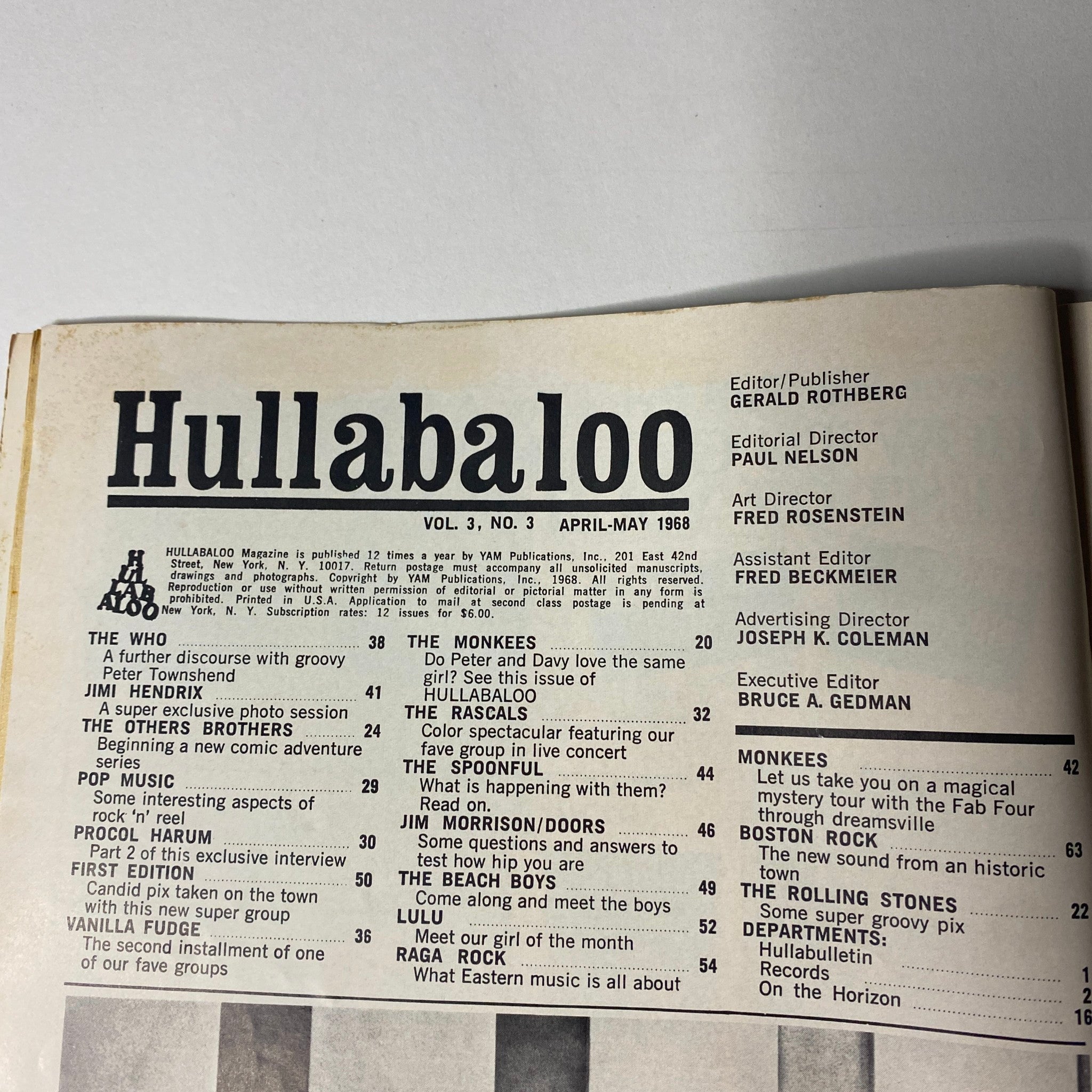 Interior page of Hullabaloo Magazine April-May 1968 Vol 3 No. 3 displaying the table of contents, highlighting interviews and features on artists like The Monkees and Procol Harum.