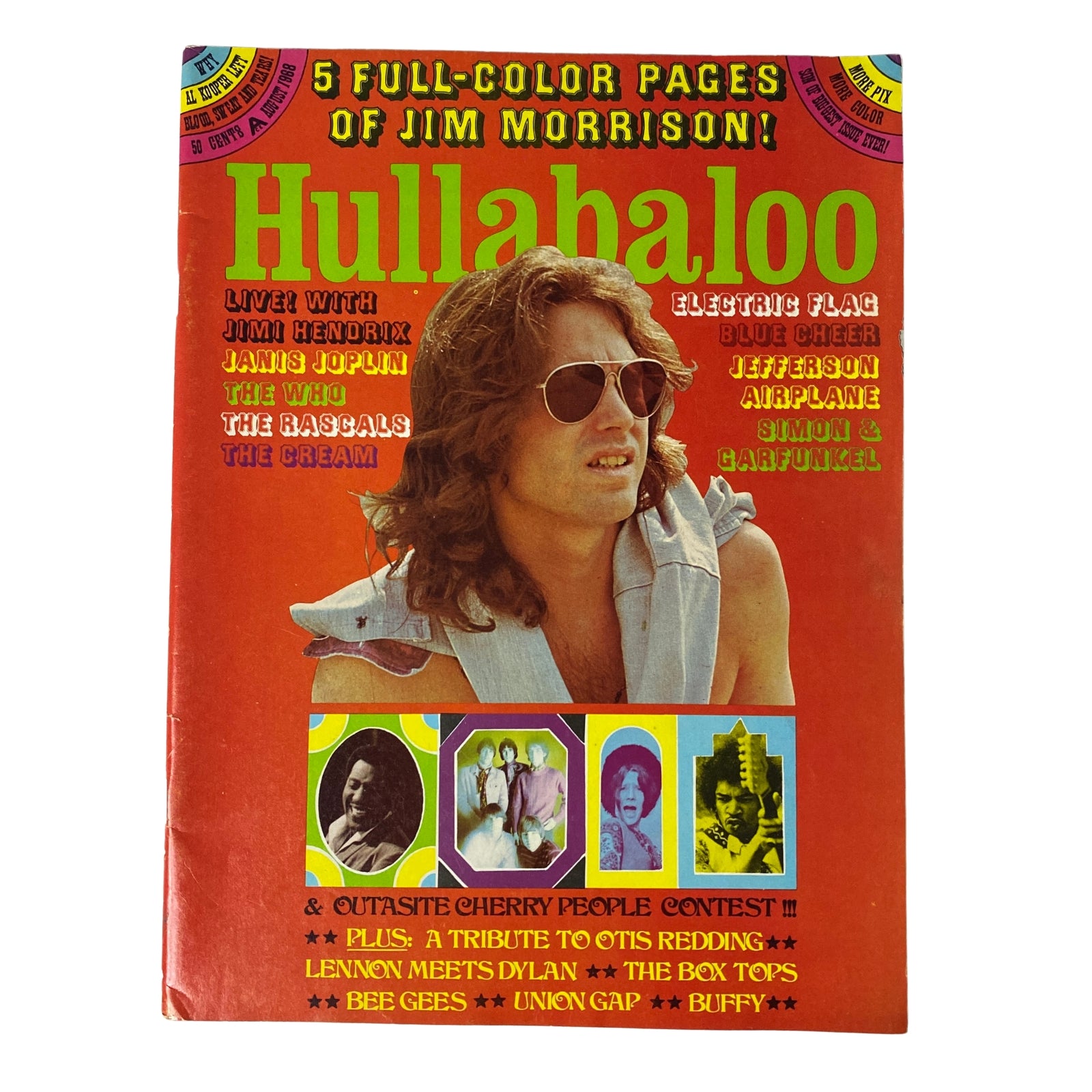 Hullabaloo Magazine August 1968 featuring Jim Morrison on the cover with vibrant colors, showcasing full-color pages of rock icons like Jimi Hendrix and Janis Joplin.