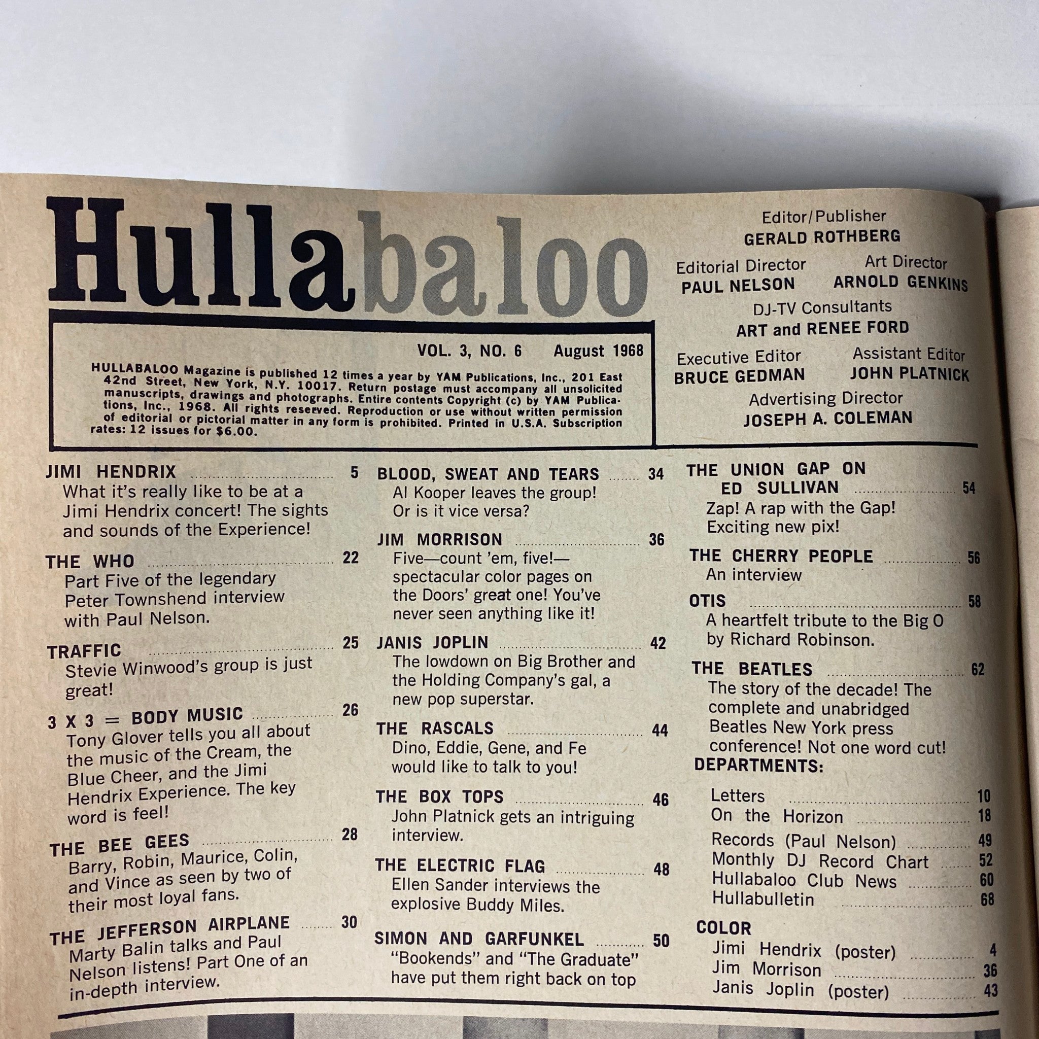 Interior page of Hullabaloo Magazine August 1968, Vol 3 No 6, highlighting the contents including features on Jim Morrison, Jimi Hendrix, and more from the psychedelic rock era.