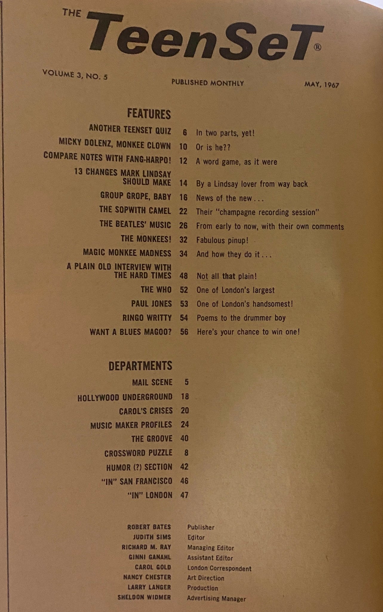 Table of contents from TeenSet Magazine May 1967 Vol 3 No. 5, highlighting featured articles about The Monkees, The Beatles, and teen celebrity culture.