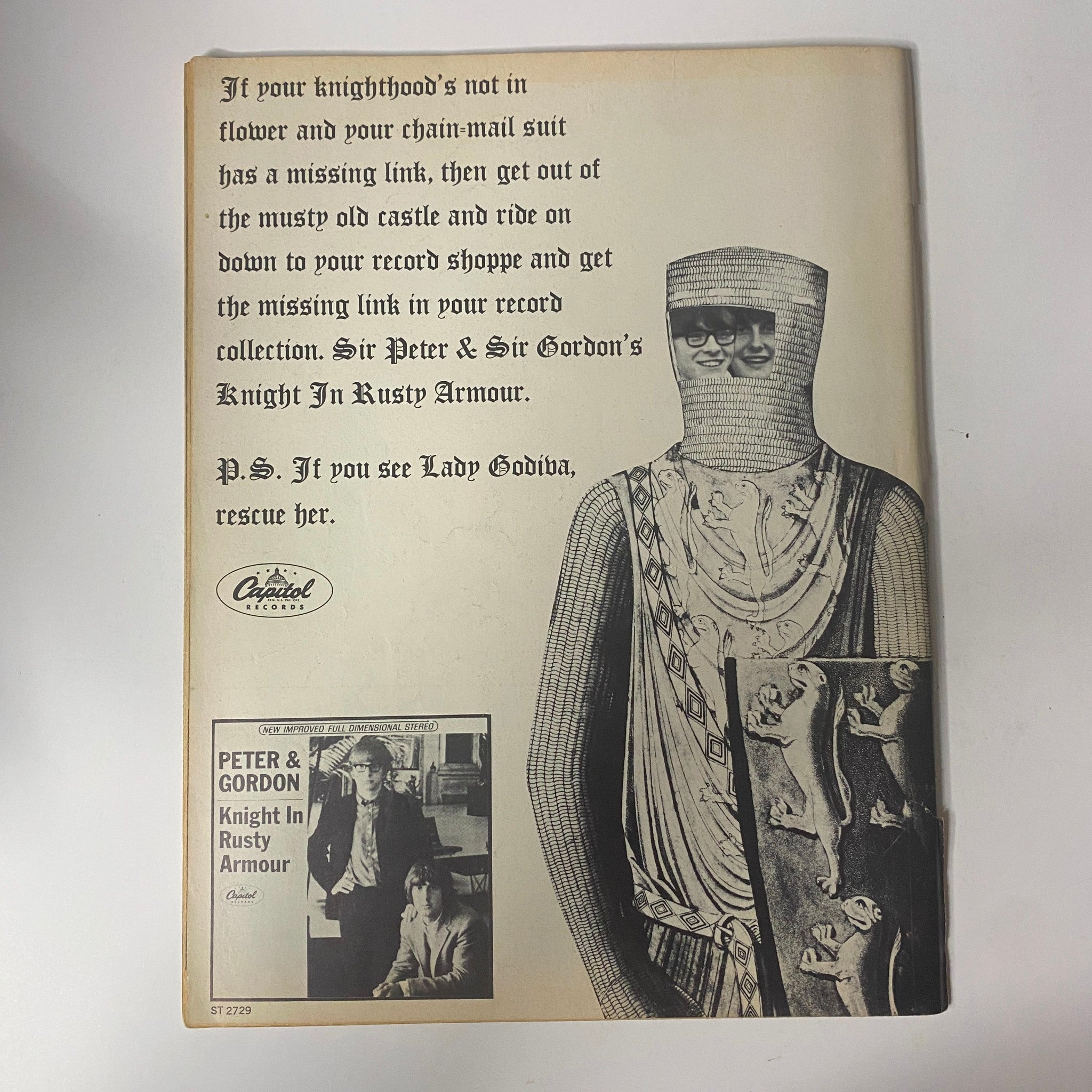 Vintage advertisement page from Teen Set Magazine May 1967 Vol 3 No. 5 featuring a humorous illustration about record collection with a reference to Knight In Rusty Armour and a whimsical character wearing a suit of armor.