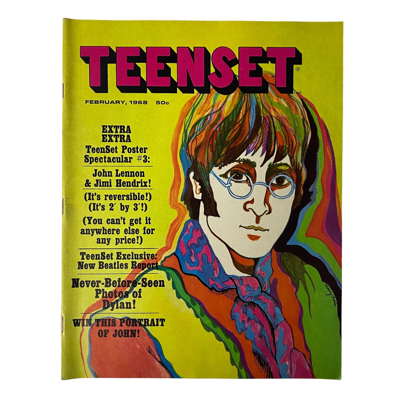 Cover of TeenSet Magazine February 1968 Vol 4 No 2 featuring John Lennon illustration and bold colors.