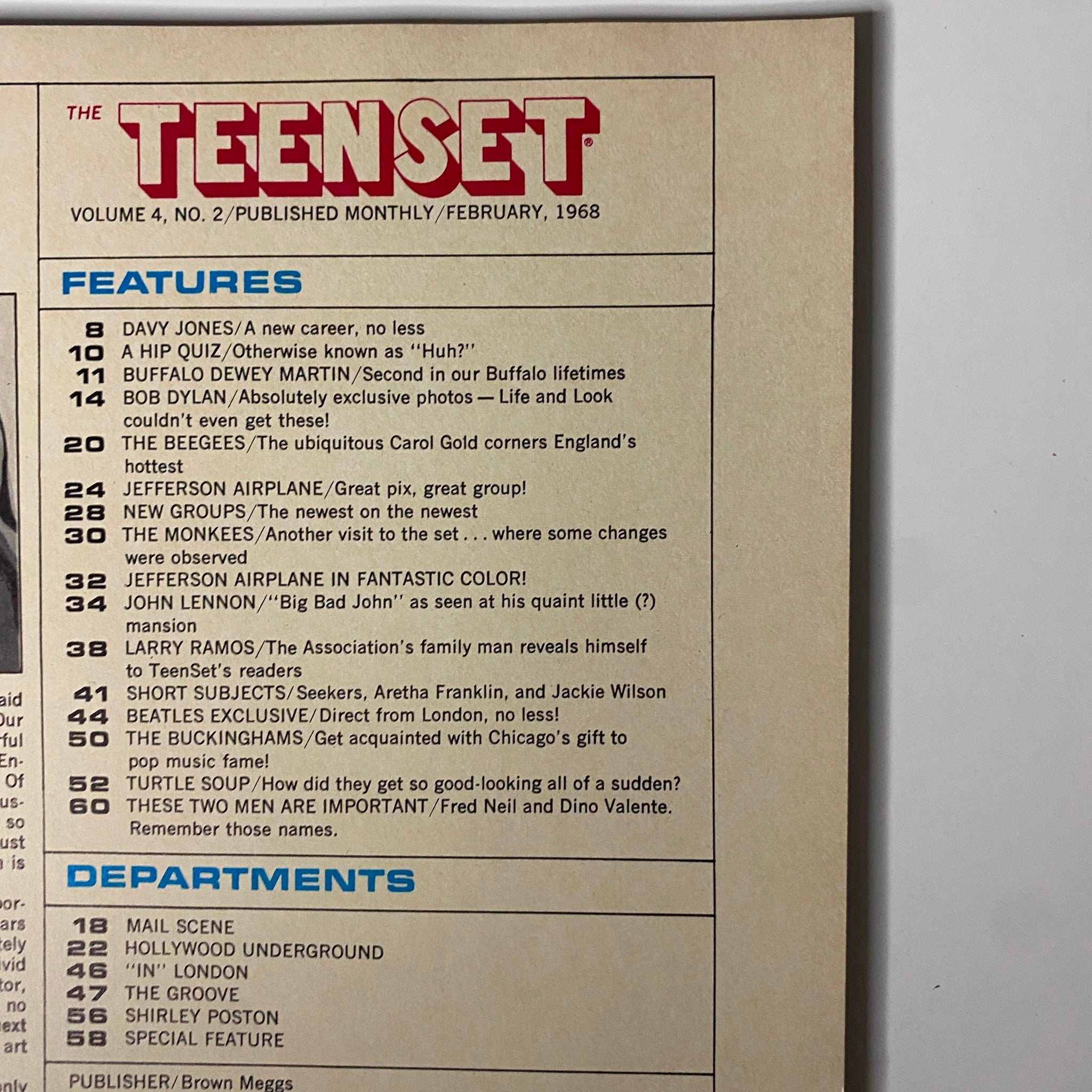 Table of contents of TeenSet Magazine February 1968 Vol 4 No 2 listing featured articles and artists.