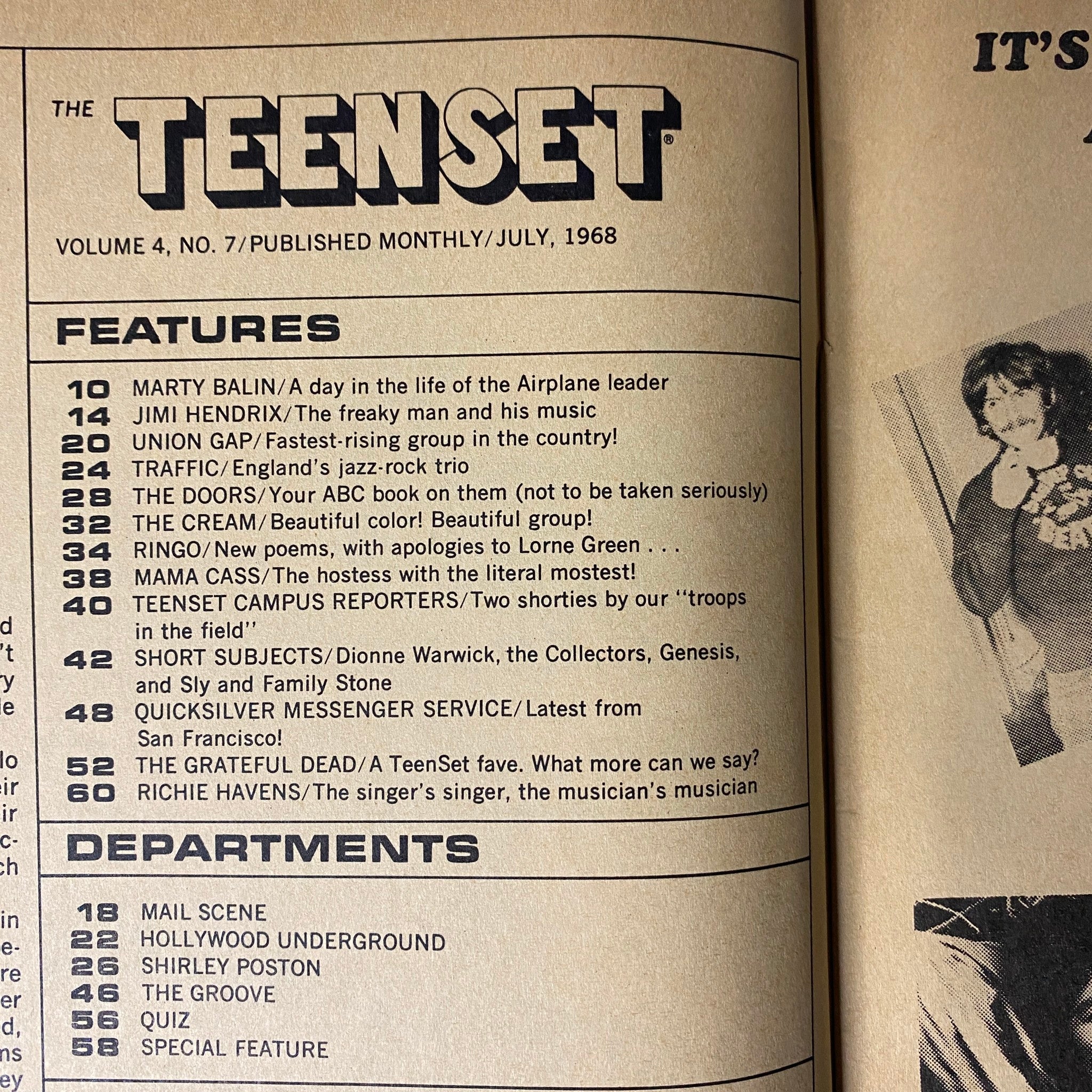 Inside page of TeenSet Magazine July 1968 displaying a detailed table of contents highlighting featured articles about Marty Balin, Jimi Hendrix, and other rock artists.