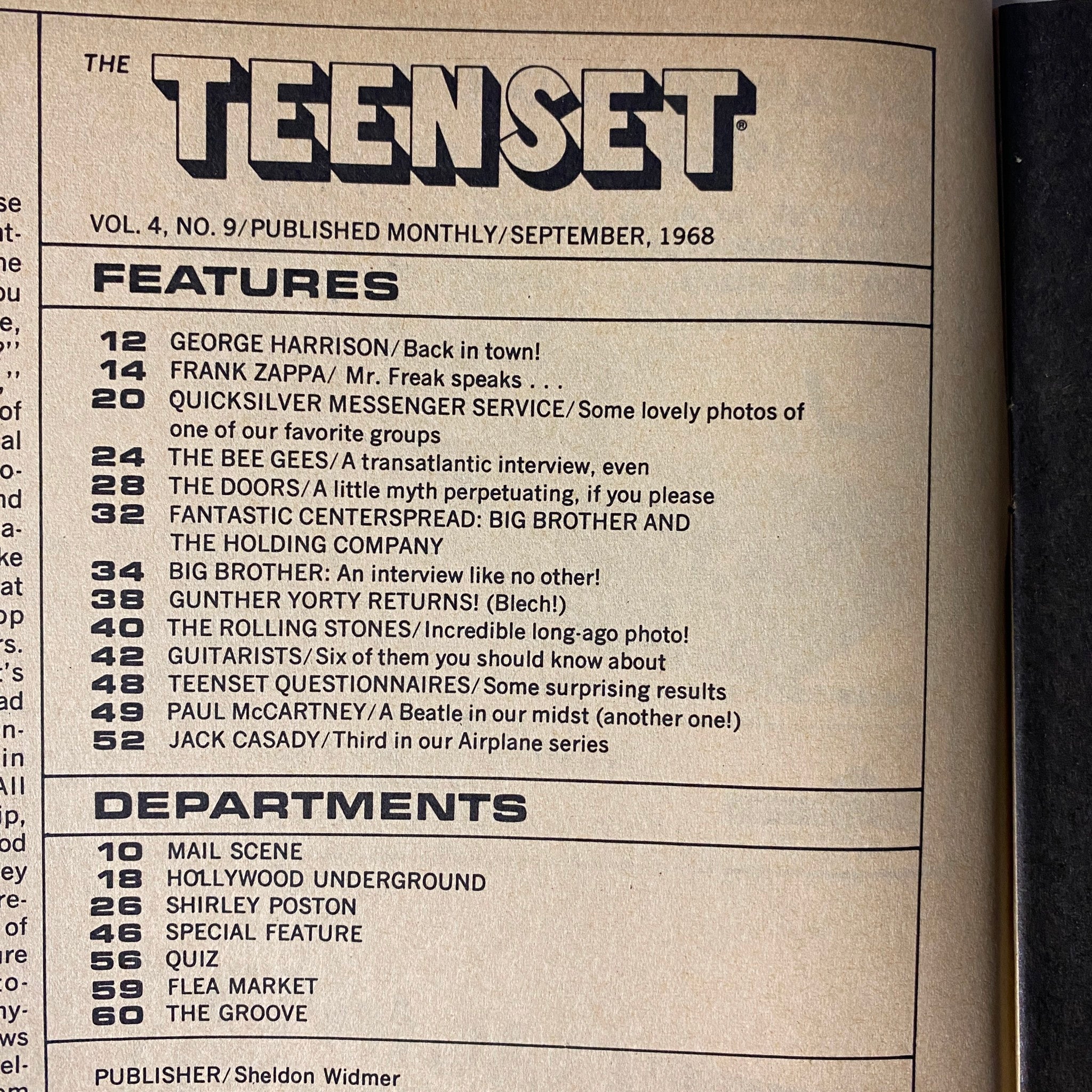 Table of contents from TeenSet Magazine September 1968 Vol 4 No. 9 outlining features on George Harrison, Frank Zappa, The Doors, and Big Brother, highlighting key articles and departments.