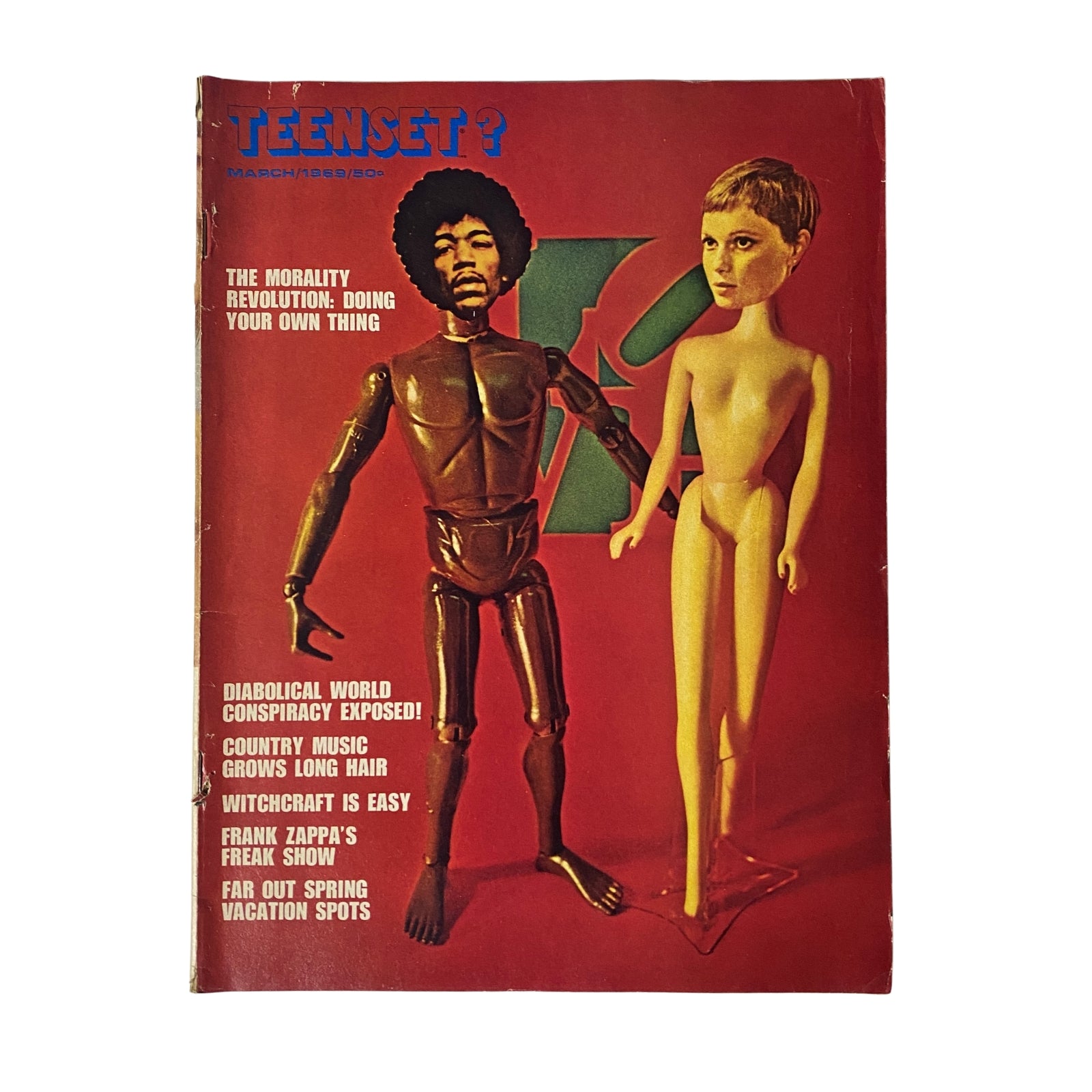 TeenSet Magazine March 1969 Vol 5 No. 3 cover featuring a Jimi Hendrix pin-up alongside a stylized figure and a model, reflecting the counterculture of the late 1960s.