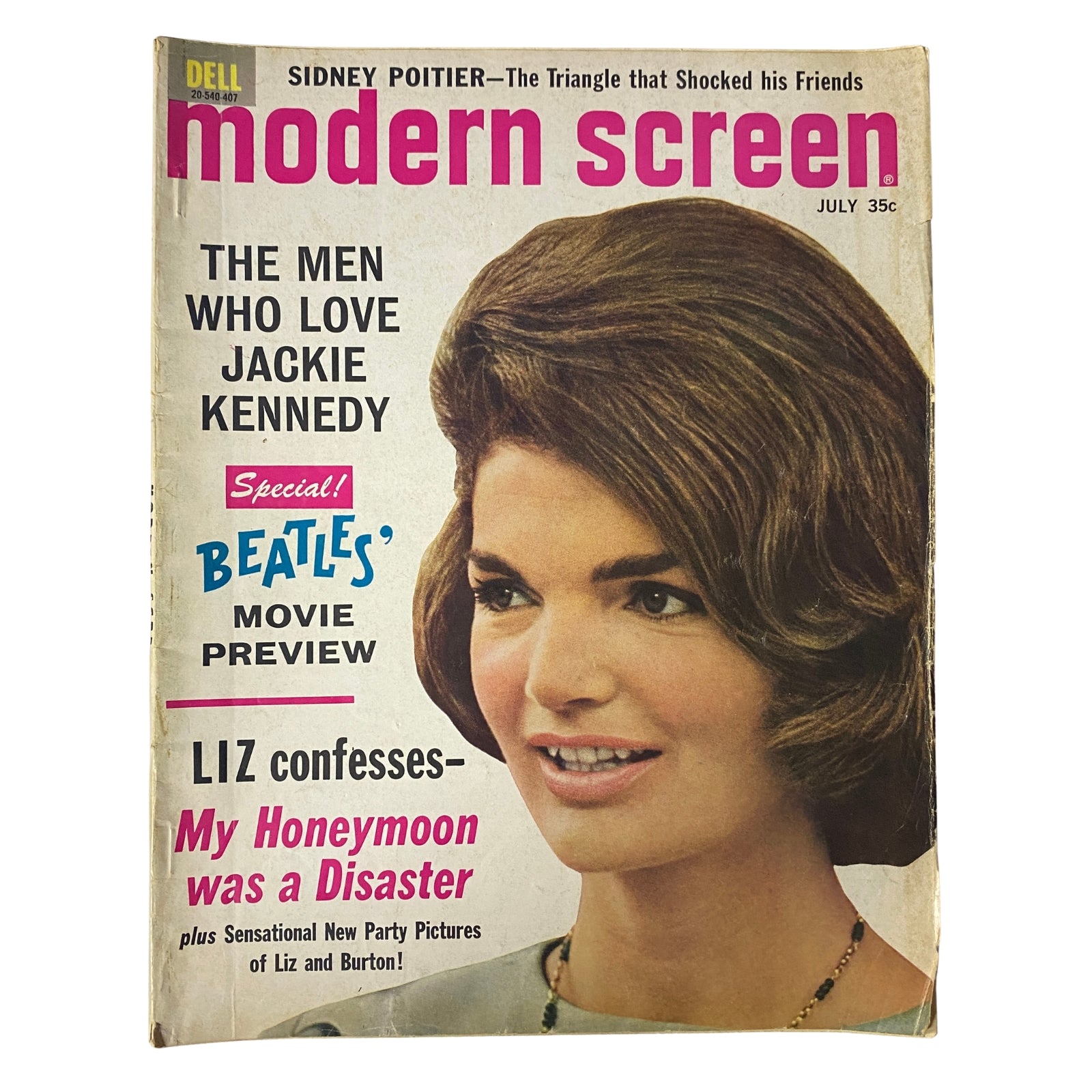 Modern Screen Magazine July 1964 cover featuring Jackie Kennedy, highlighting articles on celebrities like The Beatles and Elizabeth Taylor.