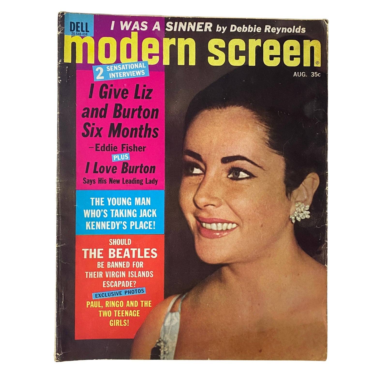 Modern Screen Magazine August 1964 featuring Elizabeth Taylor on the cover, showcasing a glamorous photograph with articles about Hollywood celebrities and their stories, emphasizing Liz Taylor and Richard Burton.